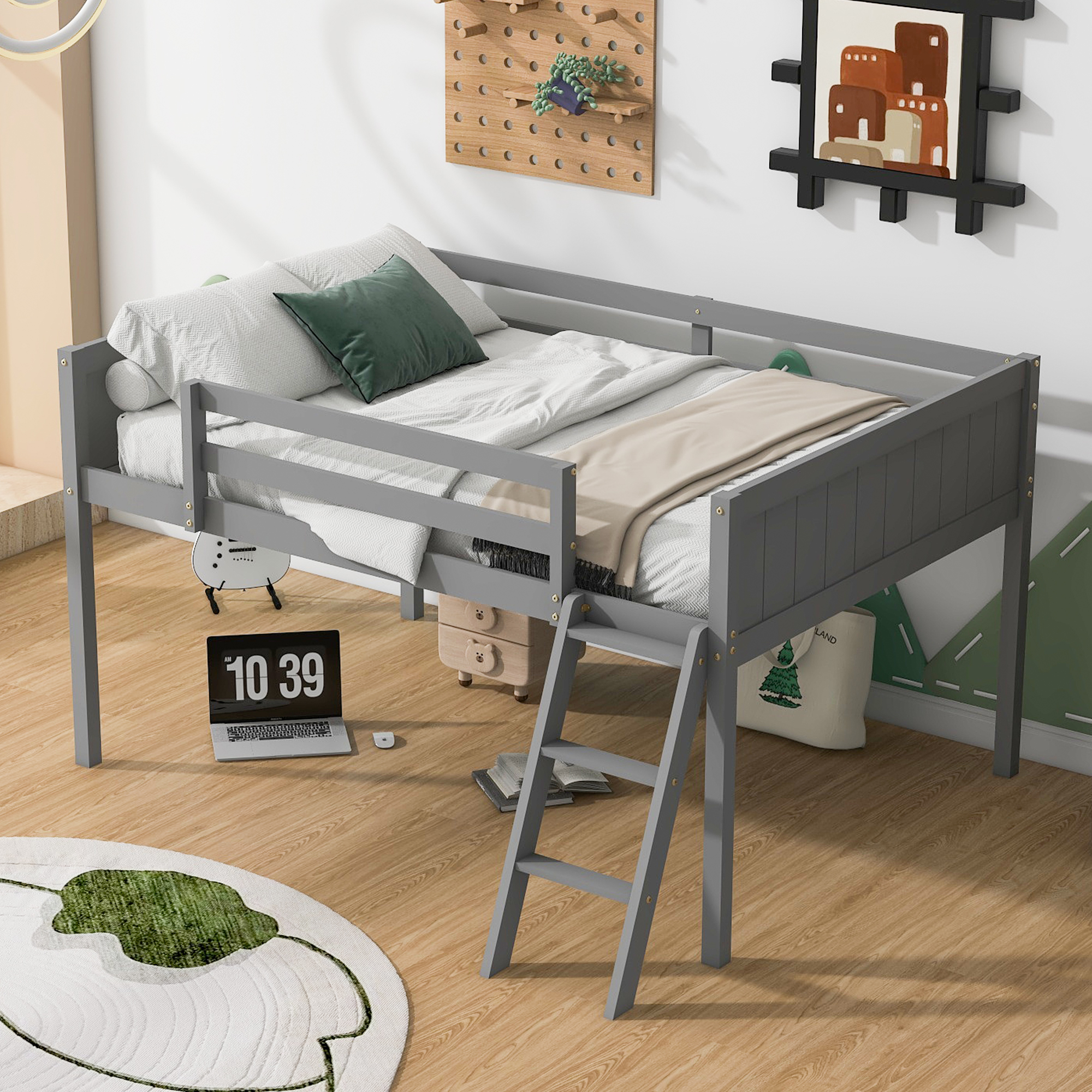 Full Size Wood Low Loft Bed with Ladder, ladder can be placed on the left or right, Gray