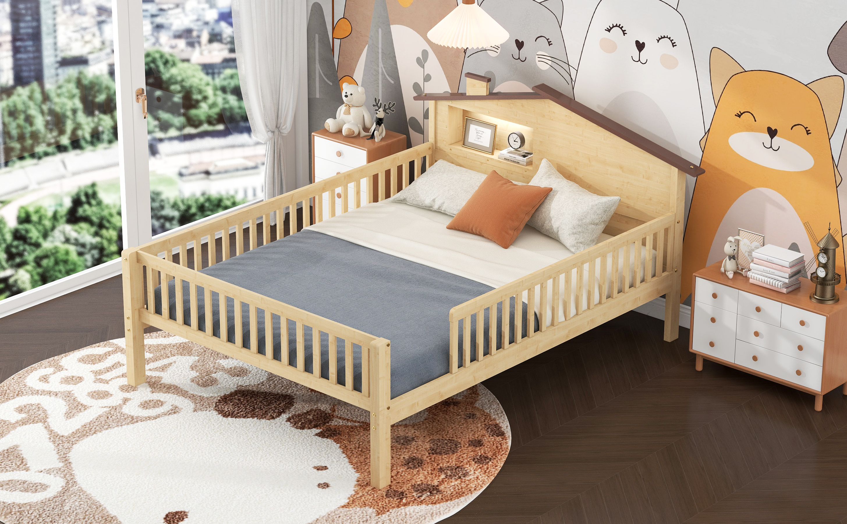 Full Size Wood Platform Bed with House-shaped Headboard, LED and Built-in Storage, Natural