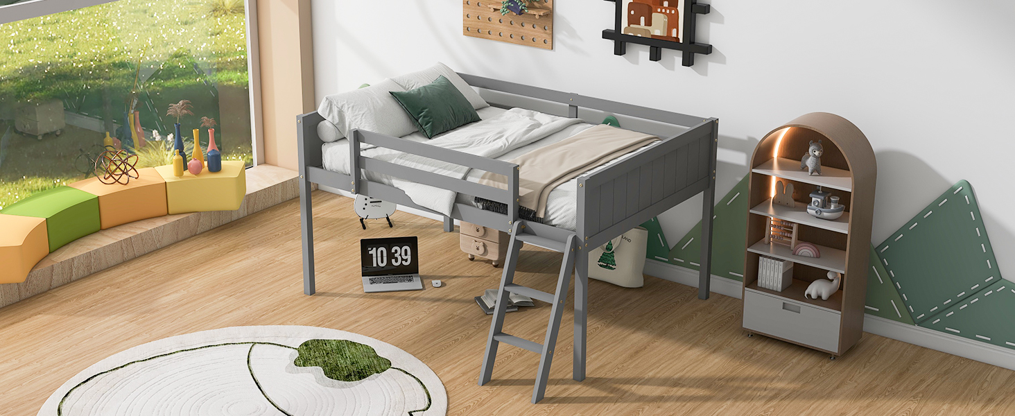 Full Size Wood Low Loft Bed with Ladder, ladder can be placed on the left or right, Gray