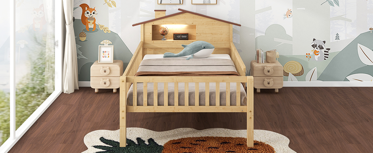 Twin Size Wood Platform Bed with House-shaped Headboard, LED and Built-in Storage, Natural