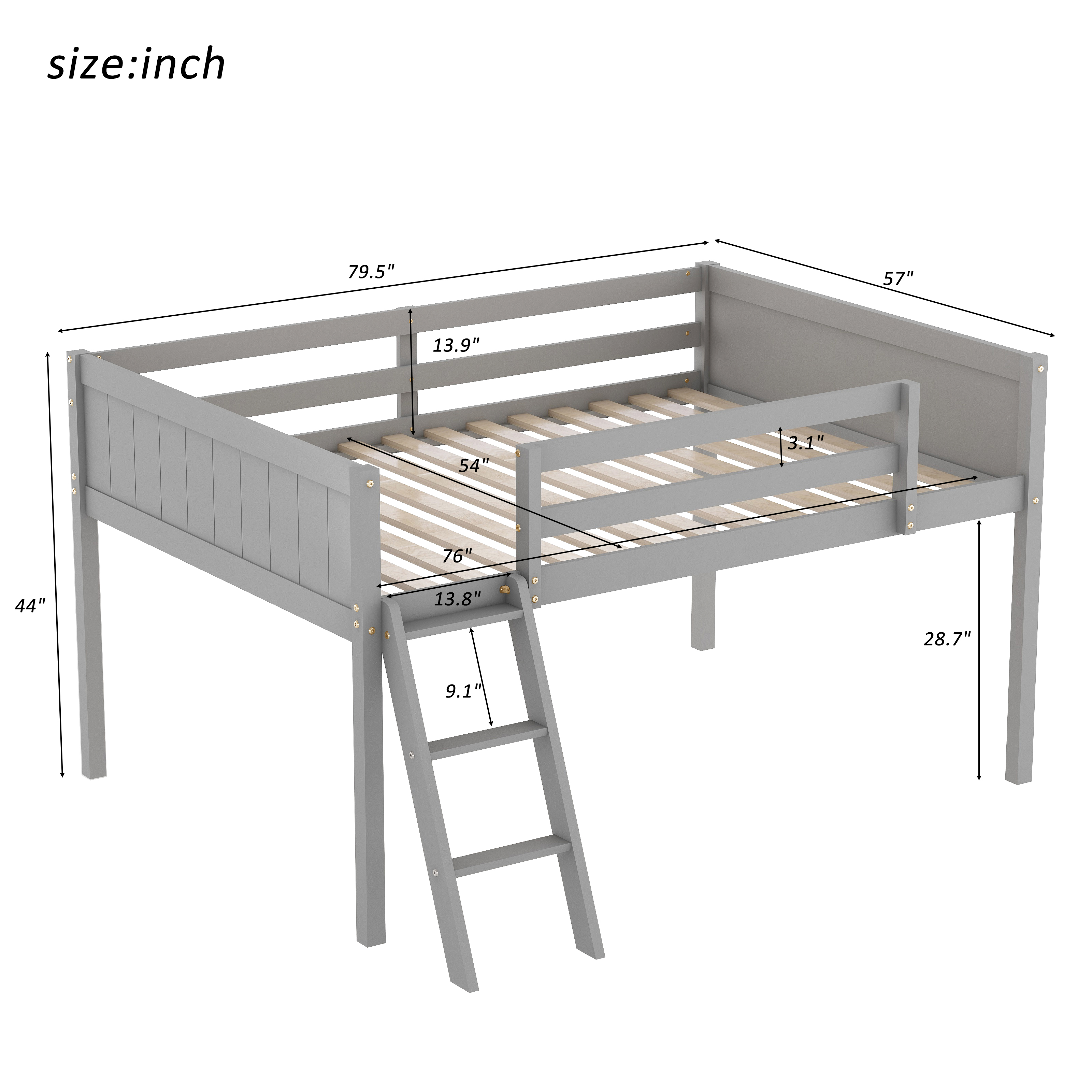 Full Size Wood Low Loft Bed with Ladder, ladder can be placed on the left or right, Gray