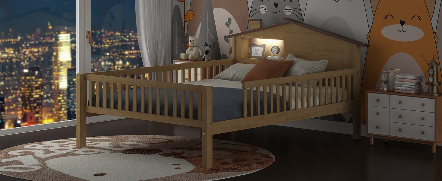 Full Size Wood Platform Bed with House-shaped Headboard, LED and Built-in Storage, Natural