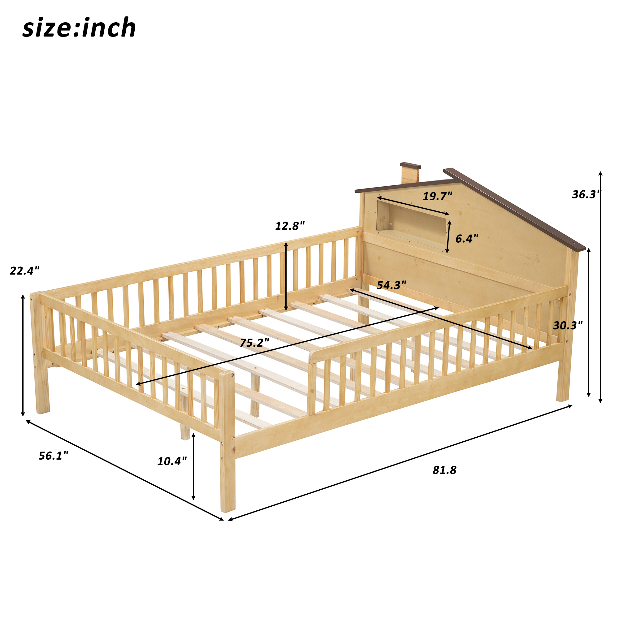 Full Size Wood Platform Bed with House-shaped Headboard, LED and Built-in Storage, Natural