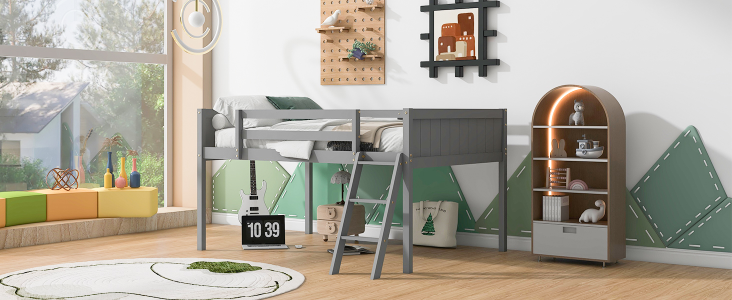 Full Size Wood Low Loft Bed with Ladder, ladder can be placed on the left or right, Gray