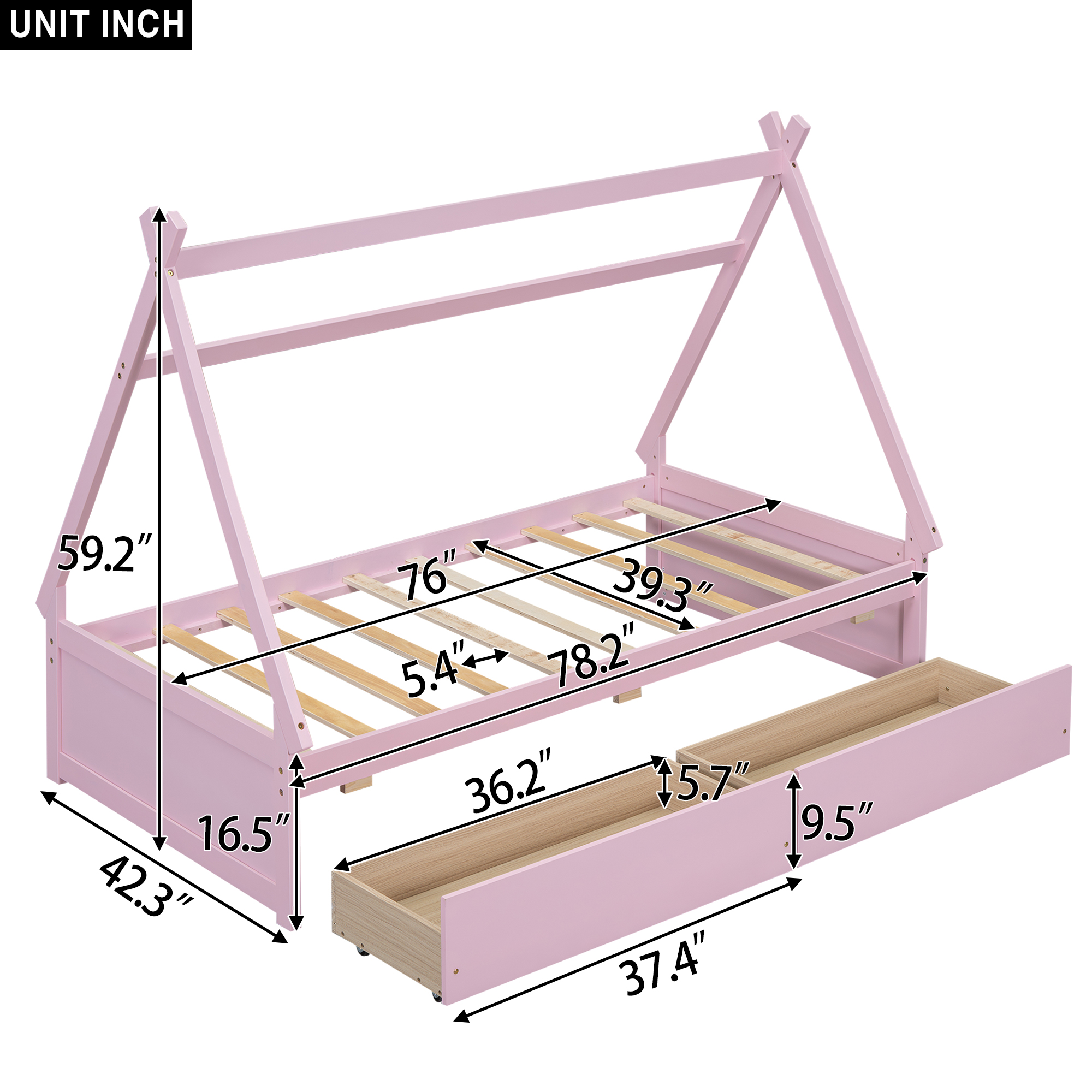 Twin Size House Platform Bed with Two Drawers,Headboard and Footboard, Pink