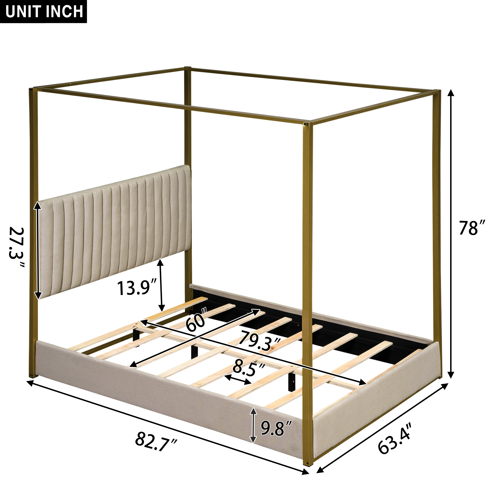 Queen Size Upholstery Canopy Platform Bed with Headboard and Metal Frame, Beige