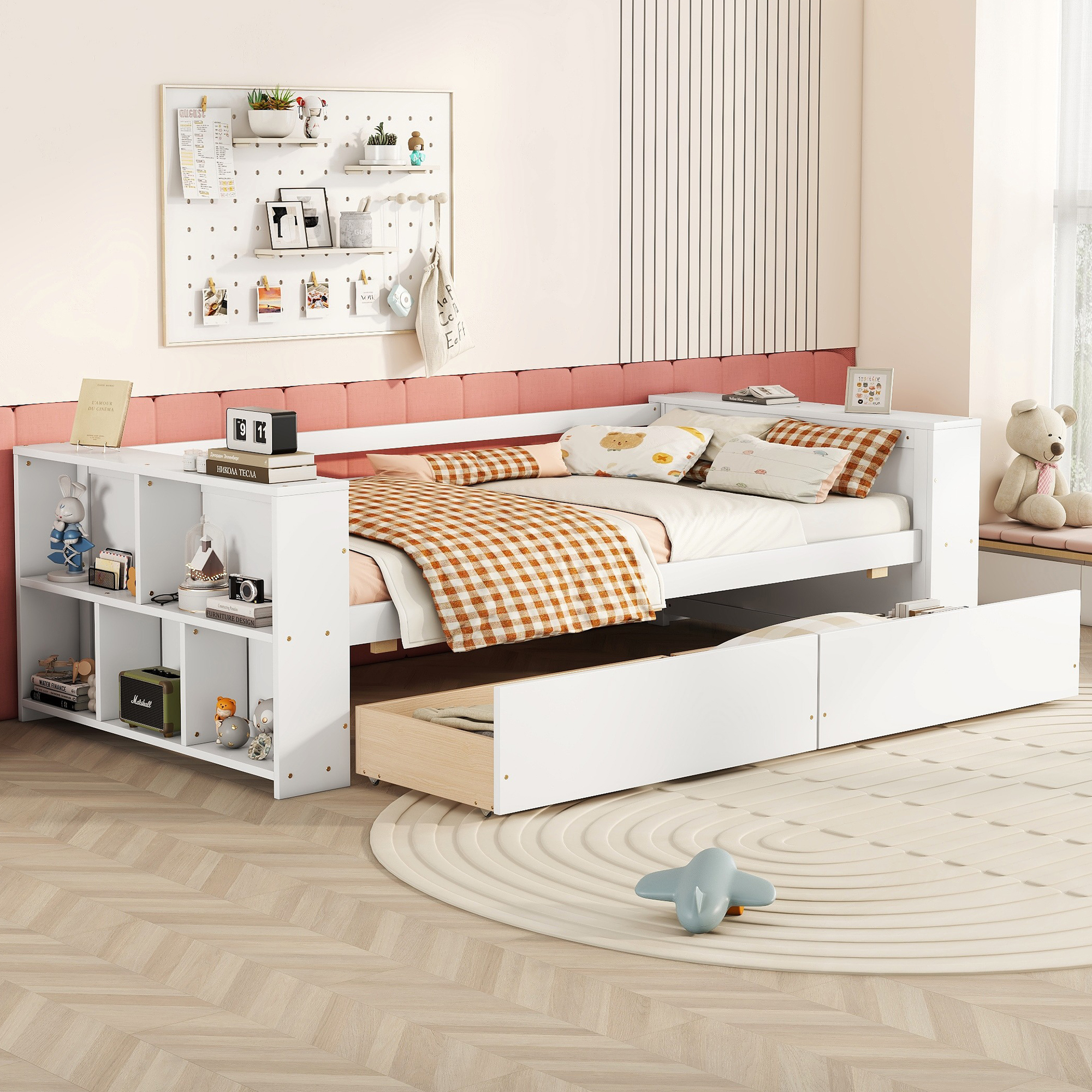 Twin Size Daybed with Shelves and Drawers, White