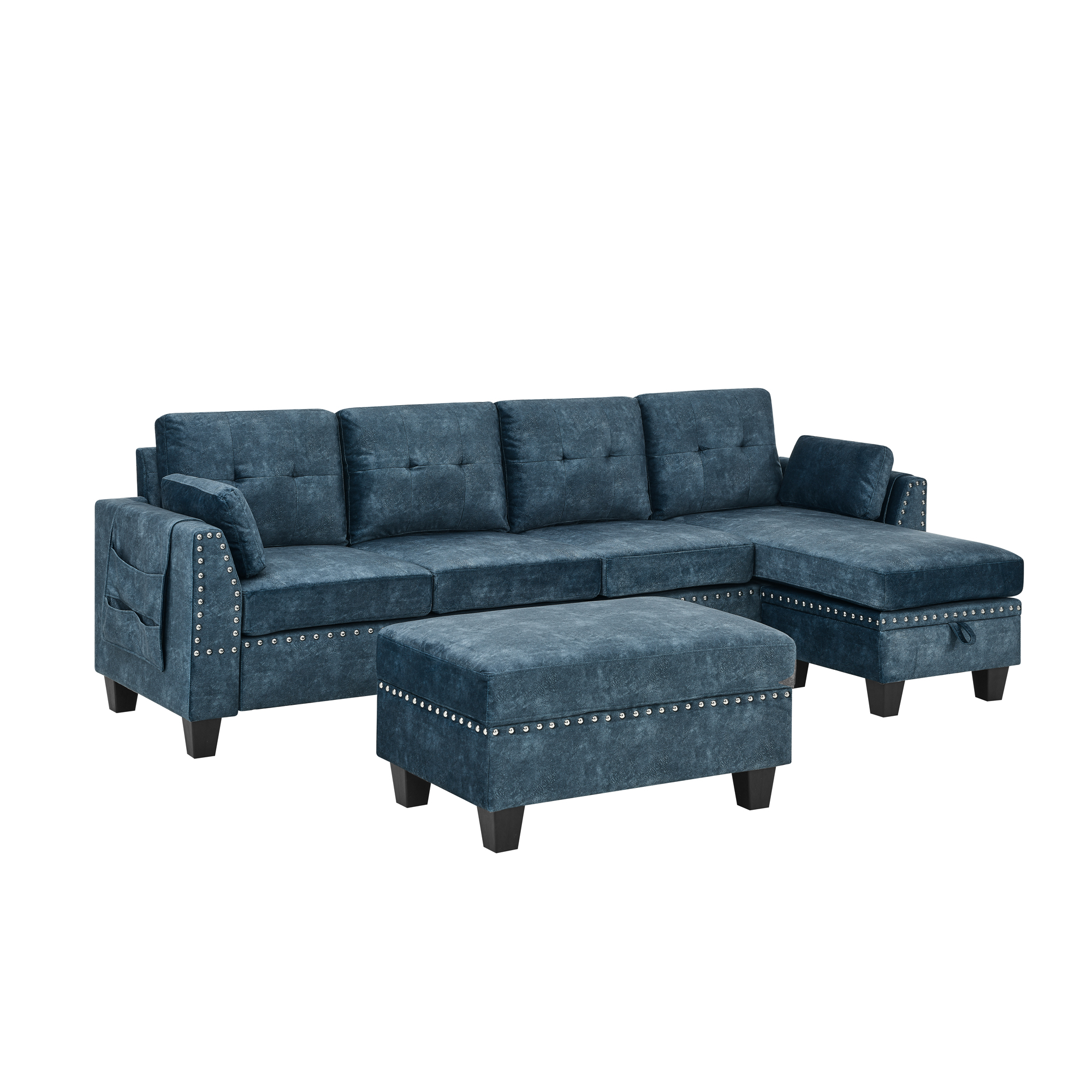 Sectional 3-Seaters Sofa ,Double-sided multi-functional footstool, storage mat , Non-slip leg, two pillows, Velvet,Navy blue