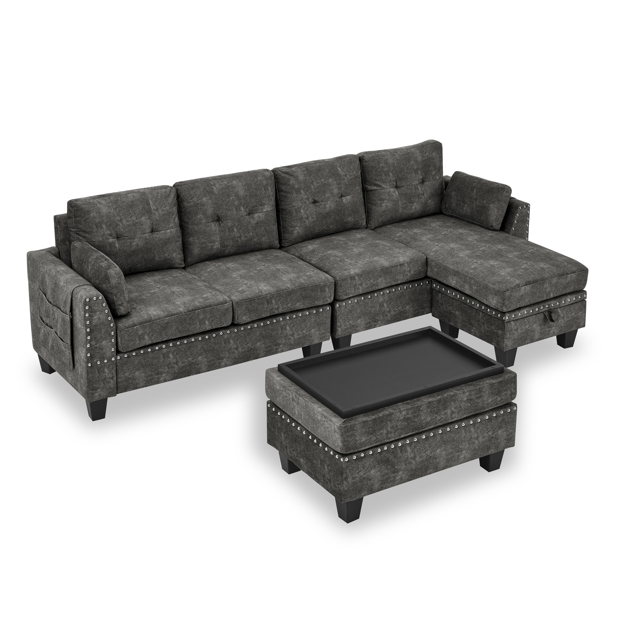 Sectional 3-Seaters Sofa ,Double-sided multi-functional footstool, storage mat , Non-slip leg, two pillows, Velvet, Dark grey