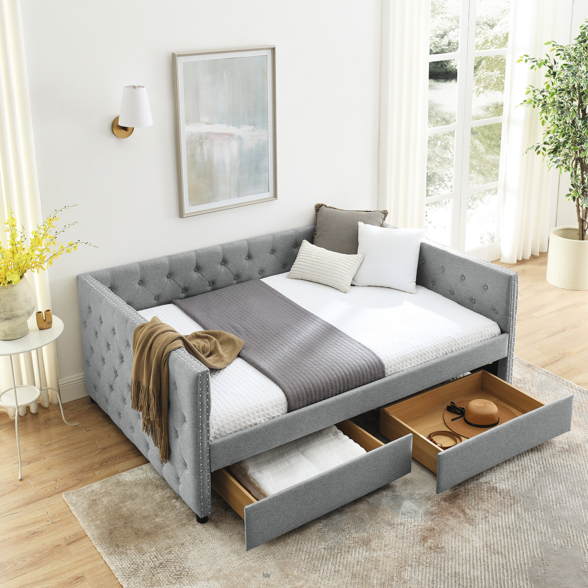 Upholstered daybed deals with storage drawers