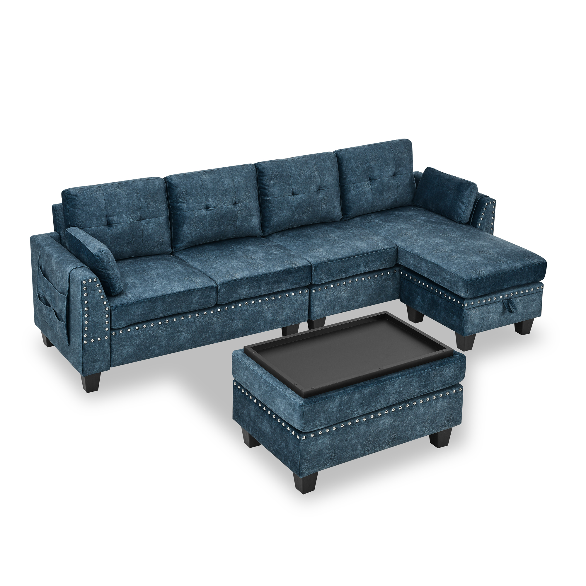 Sectional 3-Seaters Sofa ,Double-sided multi-functional footstool, storage mat , Non-slip leg, two pillows, Velvet,Navy blue