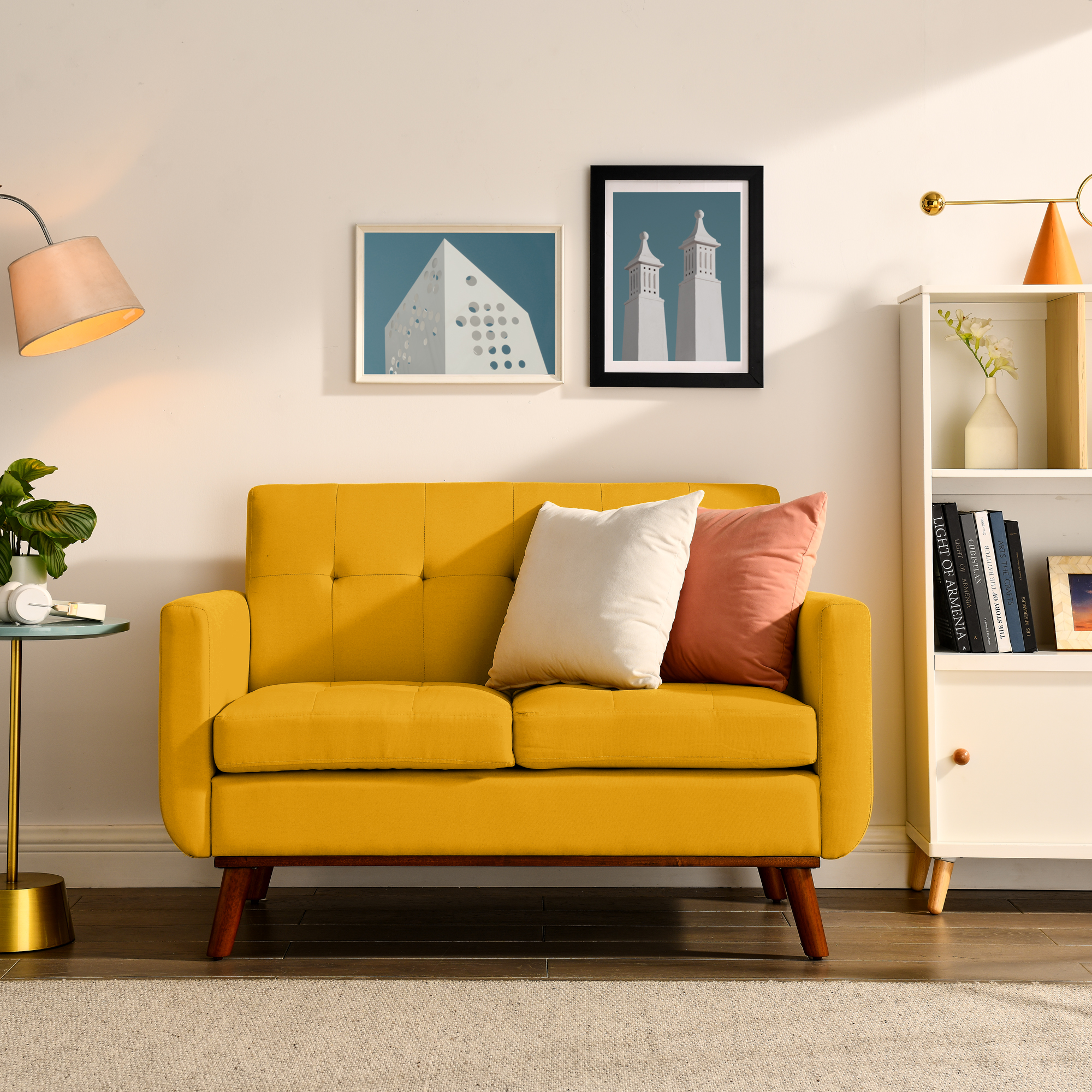 Loveseat Sofa, Mid Century Modern Decor Love Seat Couches for Living Room, Button Tufted Upholstered Small Couch for Bedroom, Solid and Easy to Install Love Seats Furniture, Yellow