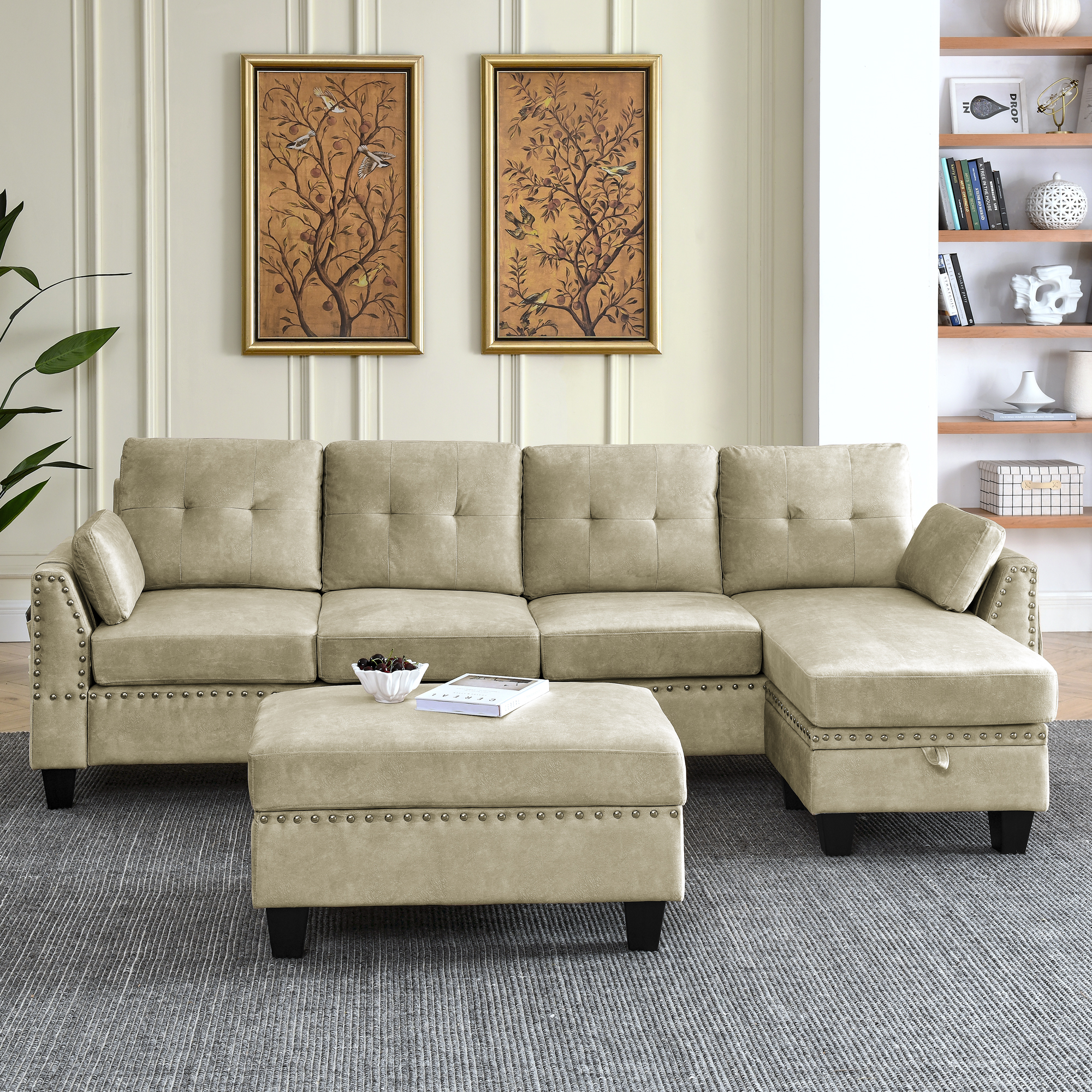 Sectional 3-Seaters Sofa ,Double-sided multi-functional footstool, storage mat , Non-slip leg, two pillows, Velvet,beige