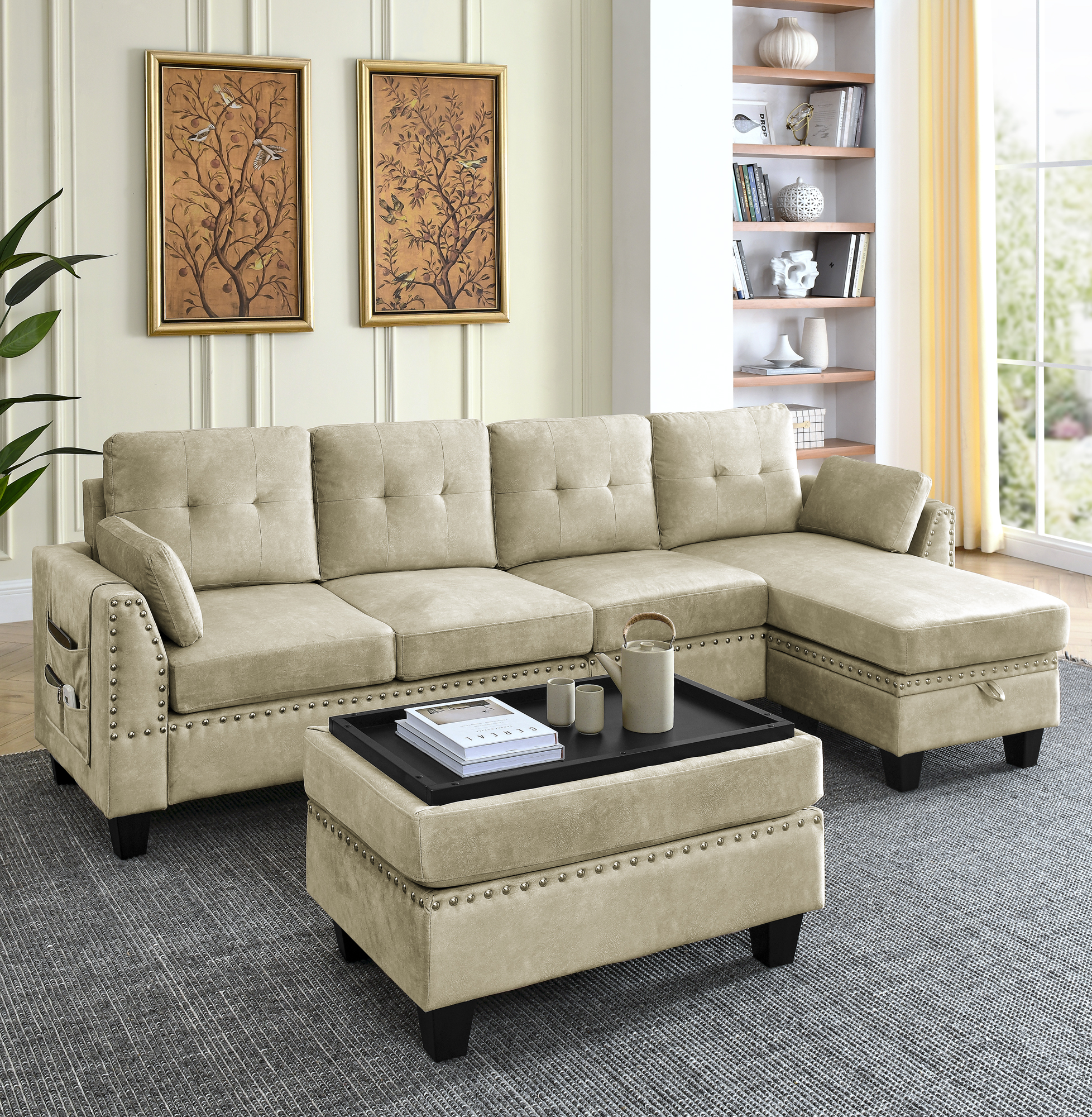 Sectional 3-Seaters Sofa ,Double-sided multi-functional footstool, storage mat , Non-slip leg, two pillows, Velvet,beige