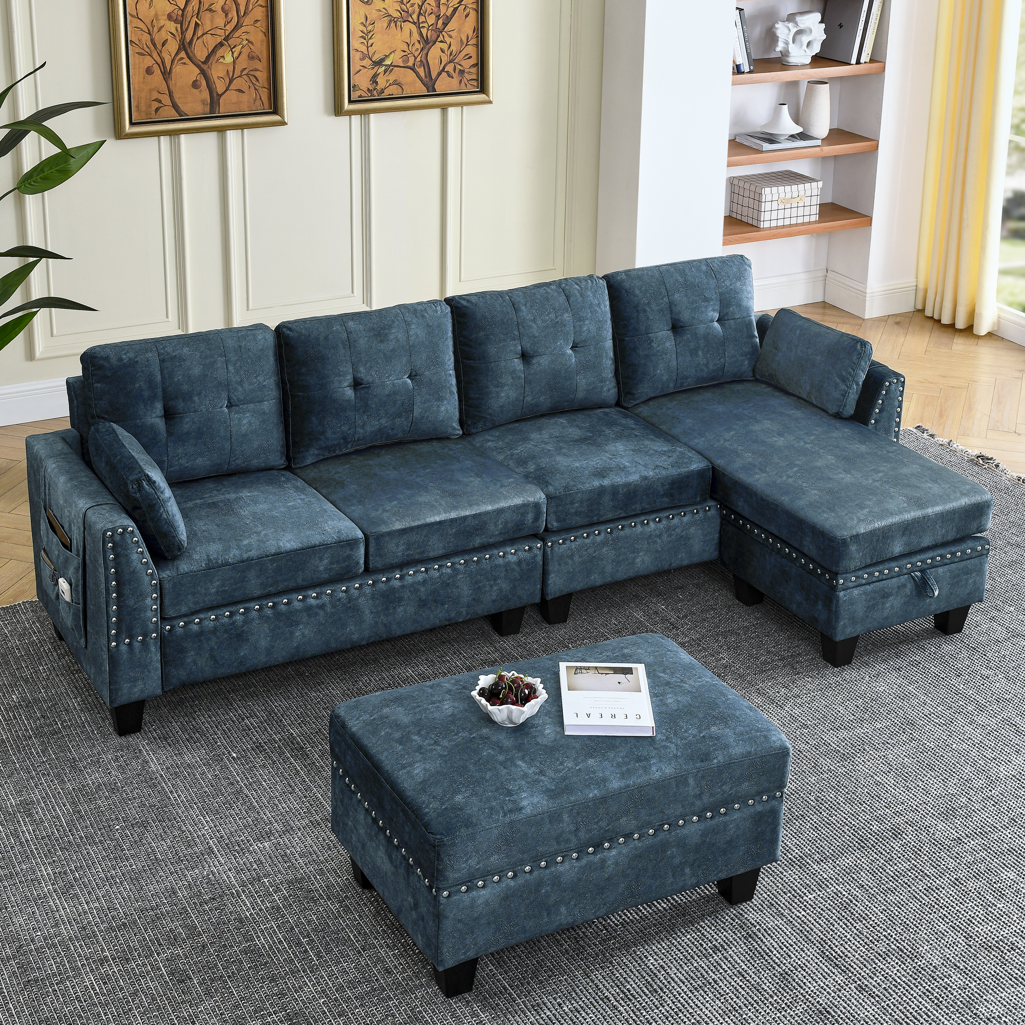 Sectional 3-Seaters Sofa ,Double-sided multi-functional footstool, storage mat , Non-slip leg, two pillows, Velvet,Navy blue