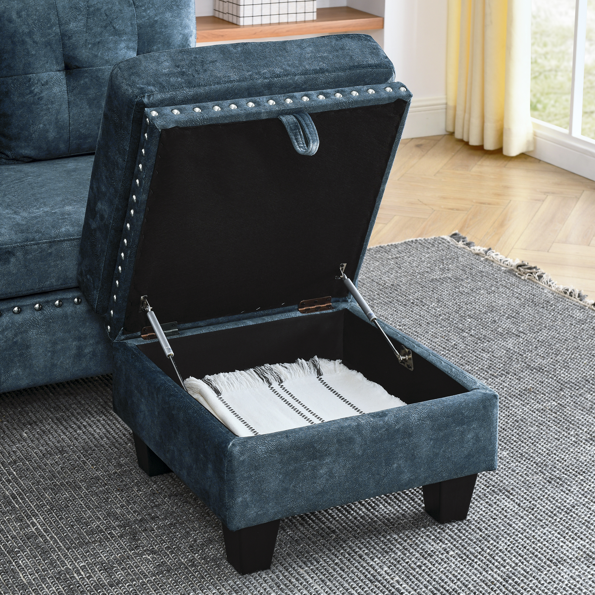 Sectional 3-Seaters Sofa ,Double-sided multi-functional footstool, storage mat , Non-slip leg, two pillows, Velvet,Navy blue