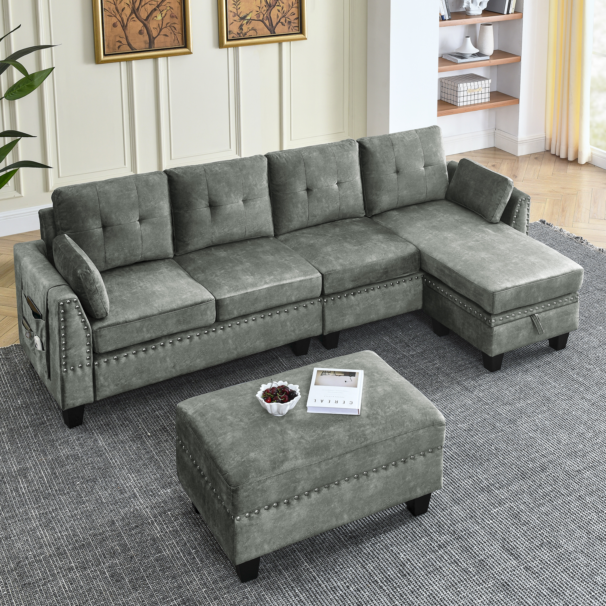 Sectional 3-Seaters Sofa ,Double-sided multi-functional footstool, storage mat , Non-slip leg, two pillows, Velvet, Light grey