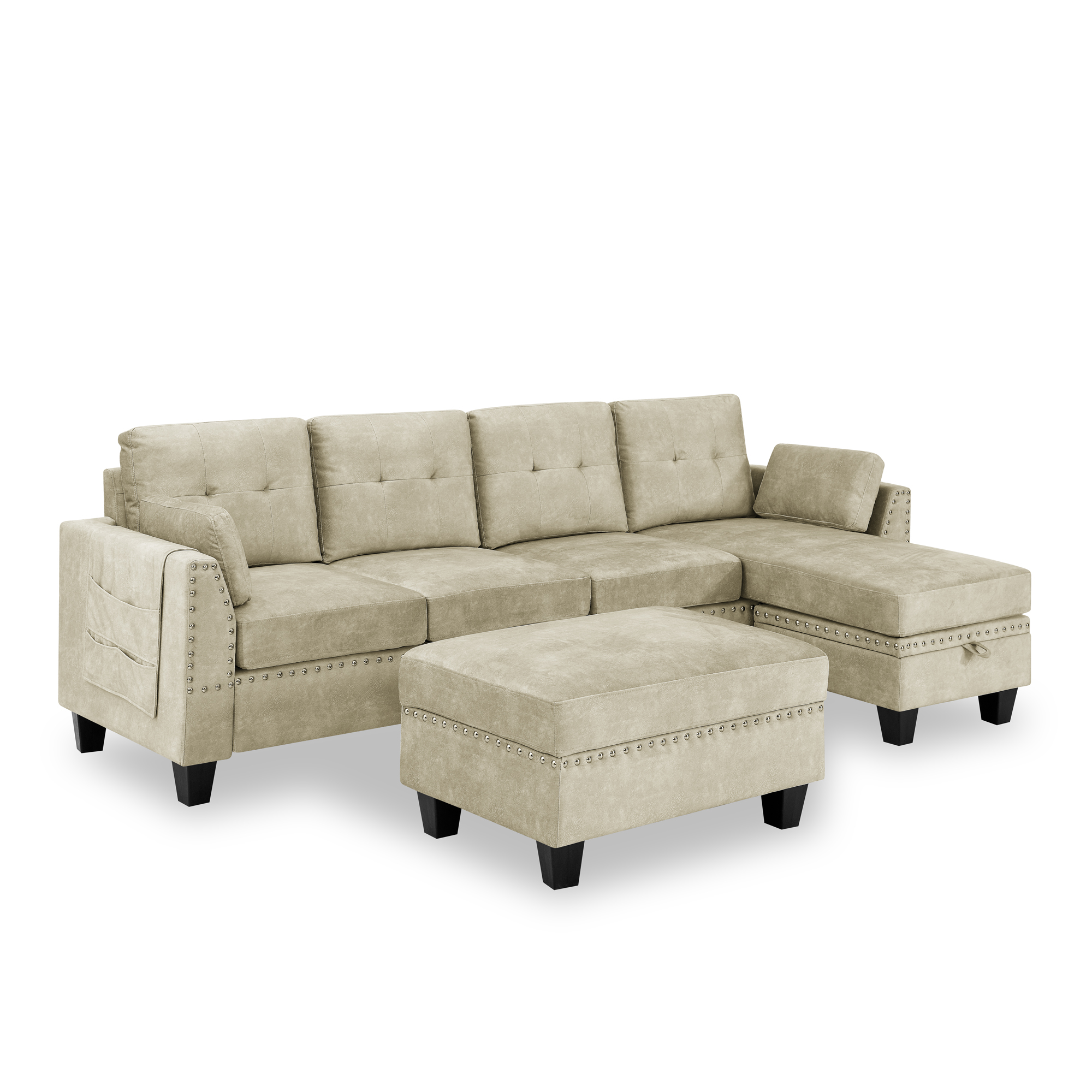 Sectional 3-Seaters Sofa ,Double-sided multi-functional footstool, storage mat , Non-slip leg, two pillows, Velvet,beige