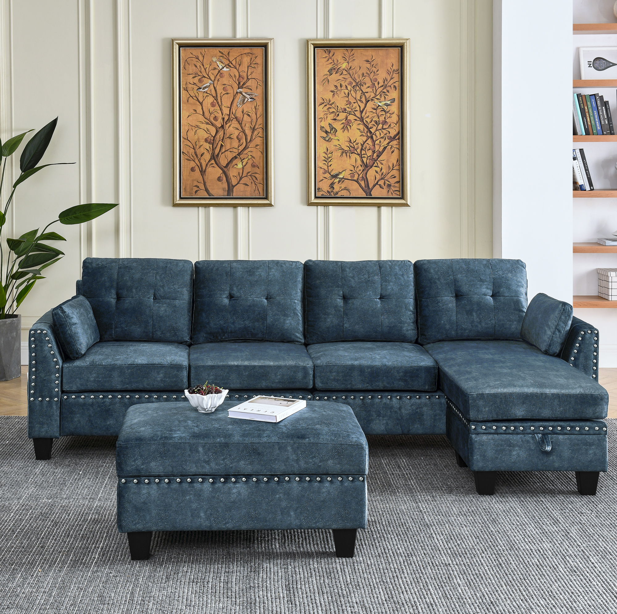 Sectional 3-Seaters Sofa ,Double-sided multi-functional footstool, storage mat , Non-slip leg, two pillows, Velvet,Navy blue