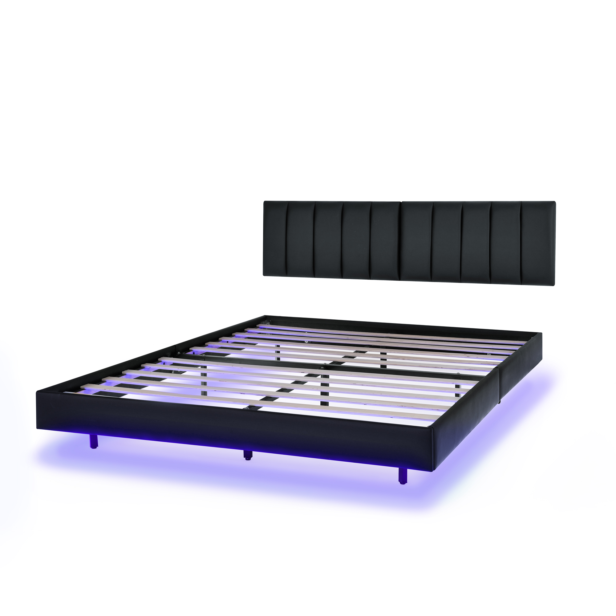 Queen Floating Bed Frame with LED Lights and Wall Mounted Headboard Modern Low Profile Led Platform Bed Frame Queen Size Faux Leather Upholstered Platform Bed Frame,No Box Spring Needed,Black