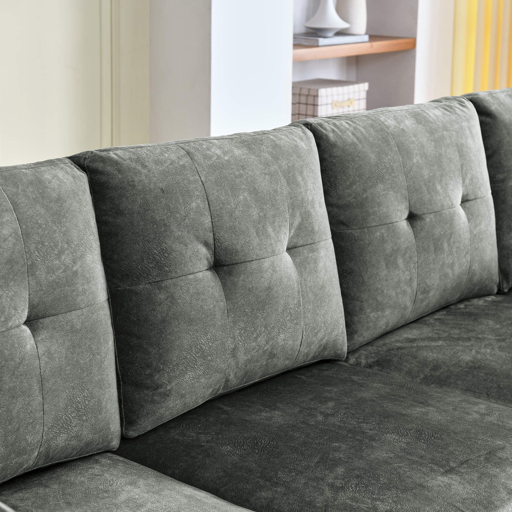 Sectional 3-Seaters Sofa ,Double-sided multi-functional footstool, storage mat , Non-slip leg, two pillows, Velvet, Light grey