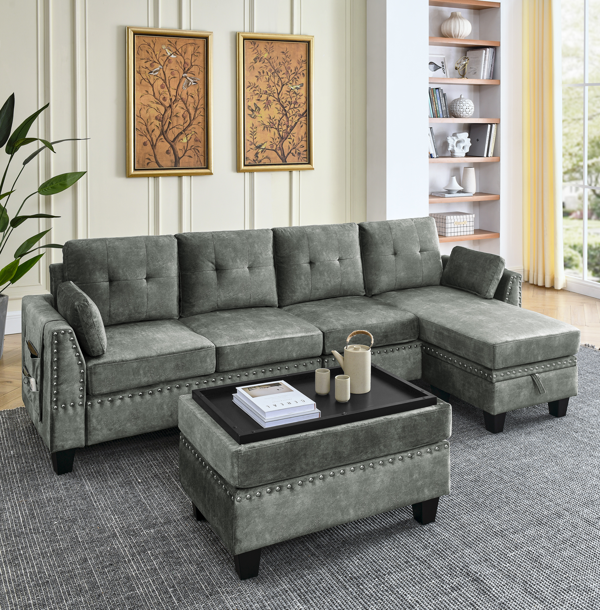 Sectional 3-Seaters Sofa ,Double-sided multi-functional footstool, storage mat , Non-slip leg, two pillows, Velvet, Light grey