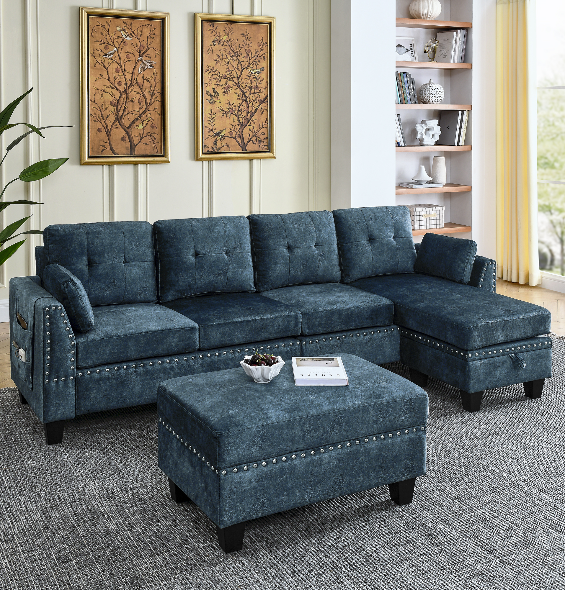 Sectional 3-Seaters Sofa ,Double-sided multi-functional footstool, storage mat , Non-slip leg, two pillows, Velvet,Navy blue