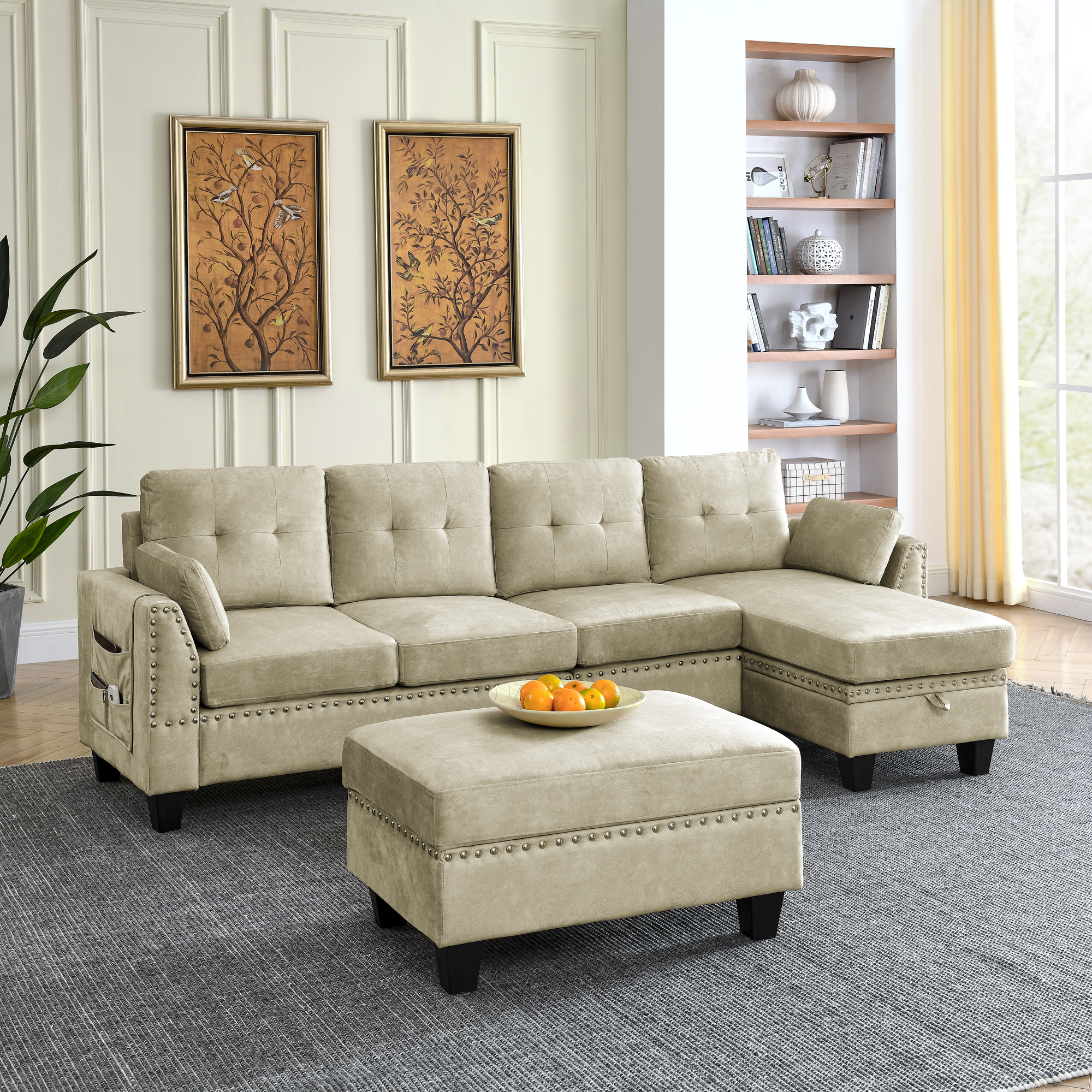 Sectional 3-Seaters Sofa ,Double-sided multi-functional footstool, storage mat , Non-slip leg, two pillows, Velvet,beige