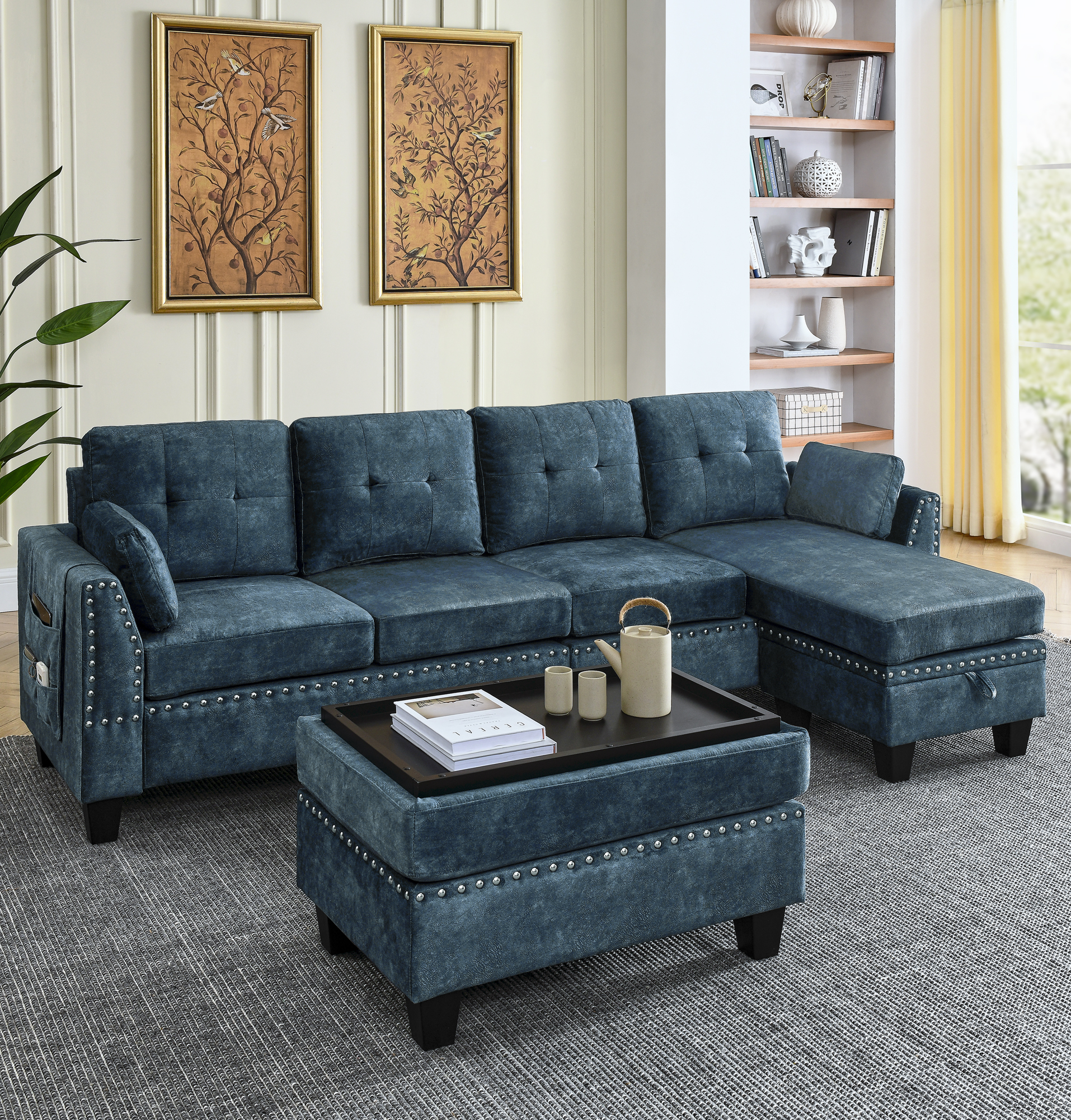 Sectional 3-Seaters Sofa ,Double-sided multi-functional footstool, storage mat , Non-slip leg, two pillows, Velvet,Navy blue