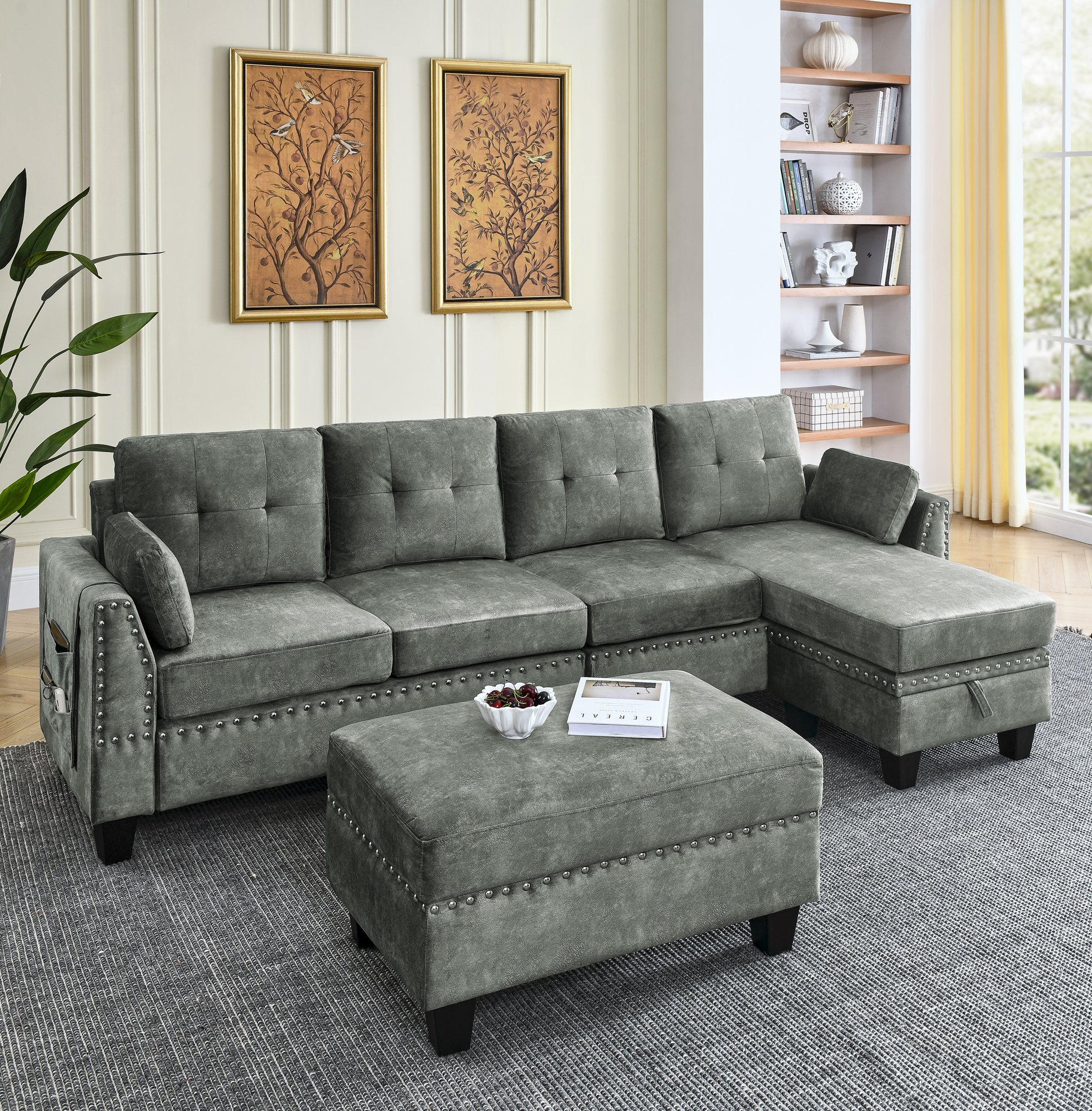 Sectional 3-Seaters Sofa ,Double-sided multi-functional footstool, storage mat , Non-slip leg, two pillows, Velvet, Light grey