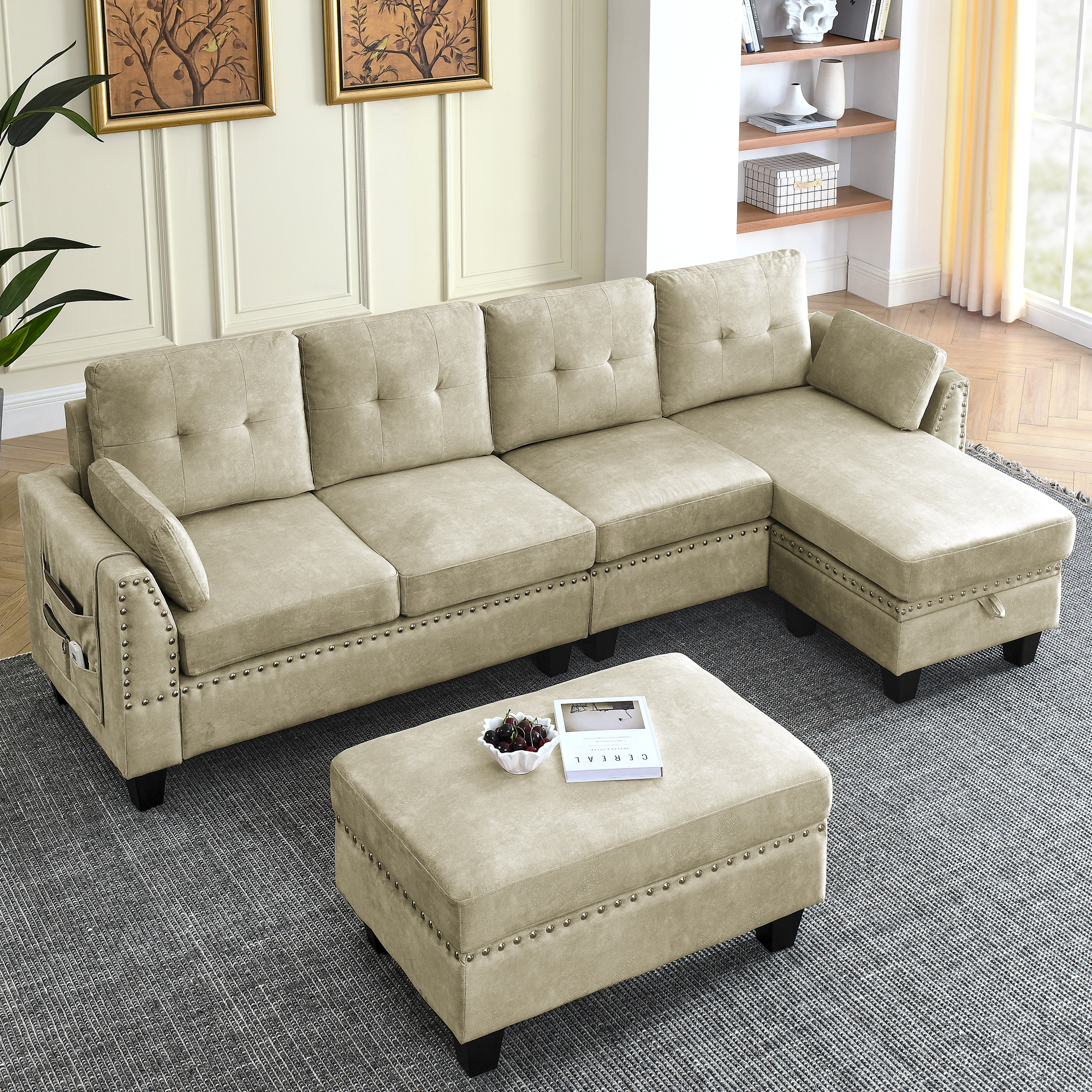 Sectional 3-Seaters Sofa ,Double-sided multi-functional footstool, storage mat , Non-slip leg, two pillows, Velvet,beige