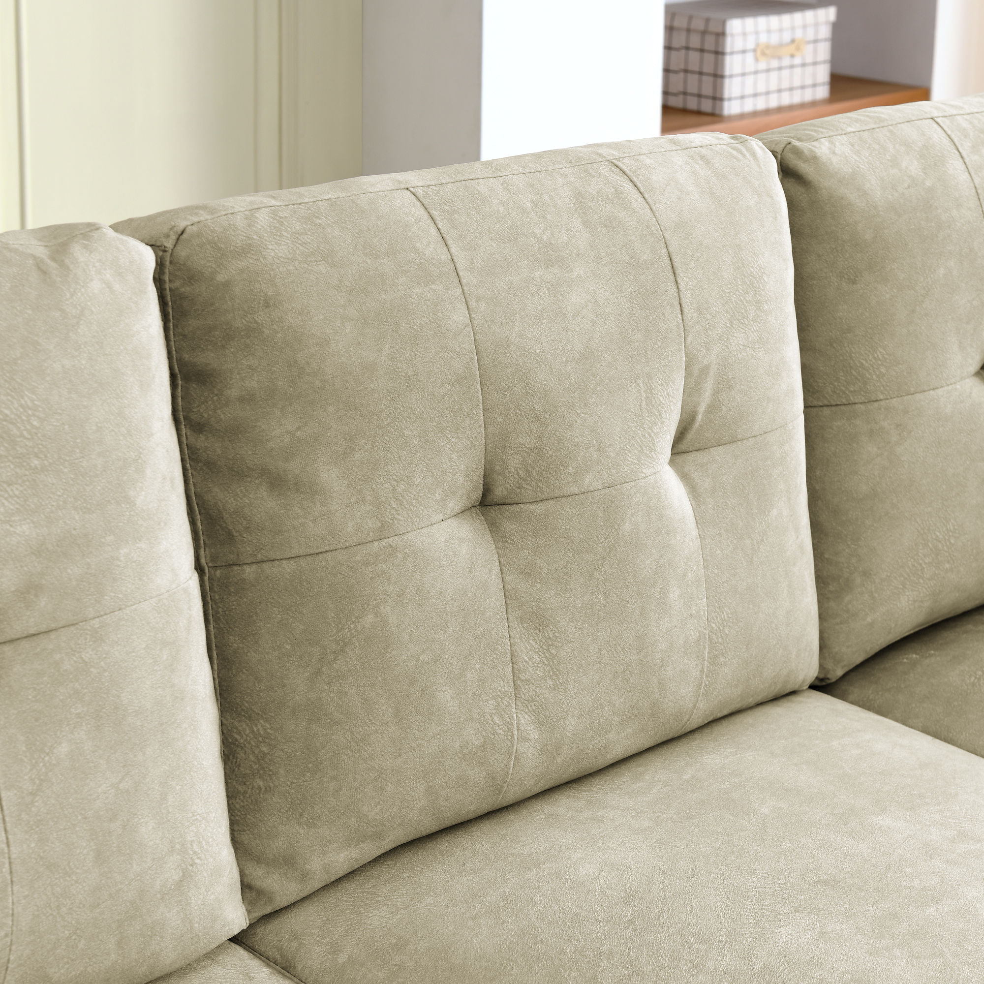 Sectional 3-Seaters Sofa ,Double-sided multi-functional footstool, storage mat , Non-slip leg, two pillows, Velvet,beige