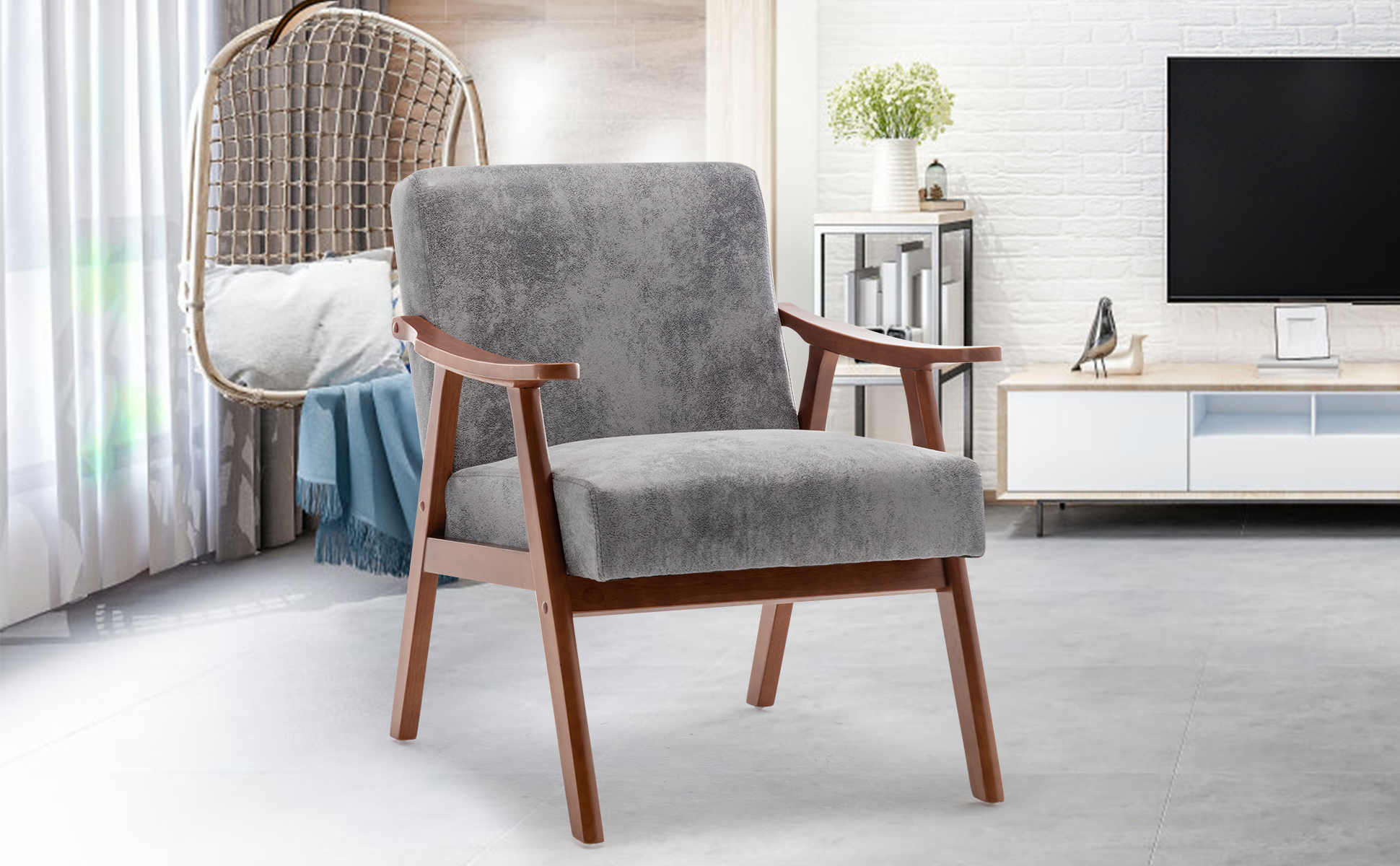 Mid-Century Modern Chair, Living Room Chair with Solid Wood Frame, Accent Chair Extra-Thick Backrest, Wingback Chair for Bedroom, Reading Room, Living Room, Lounge Chair Indoor