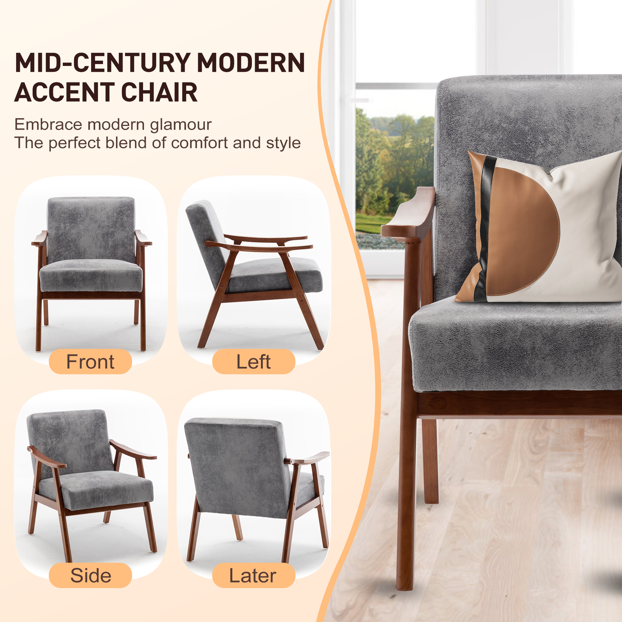 Mid-Century Modern Chair, Living Room Chair with Solid Wood Frame, Accent Chair Extra-Thick Backrest, Wingback Chair for Bedroom, Reading Room, Living Room, Lounge Chair Indoor