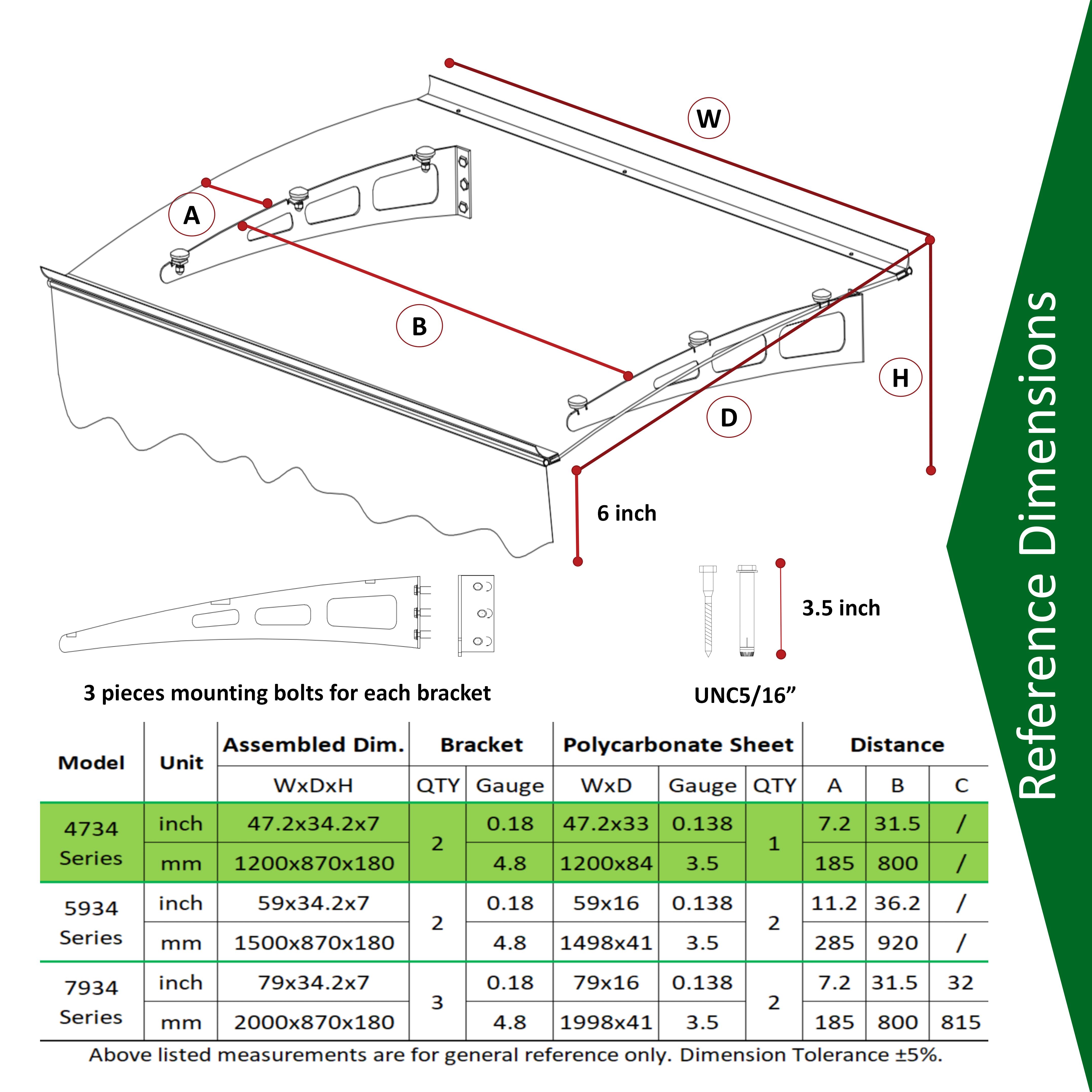 GarLUGH DA4734C Series Door Window Awning Canopy Made of  0.137 Inch Thick Crystal Solid Polycarbonate Sheet and Aluminum Alloy with Valance in size of 47" Wide x 34" Deep for Masonry Concrete Wall