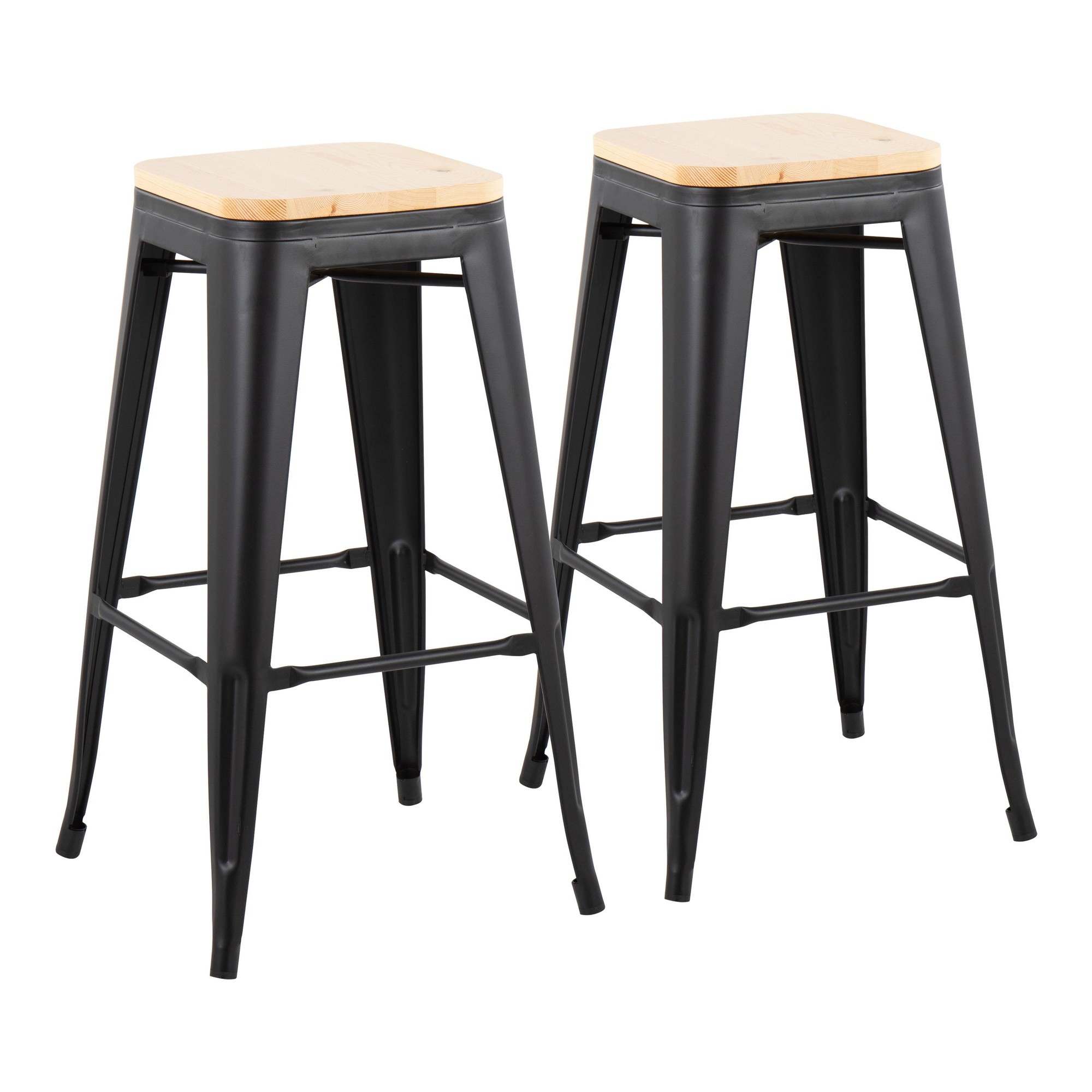 Oregon Contemporary Barstool in Black Steel and Natural Wood by LumiSource - Set of 2