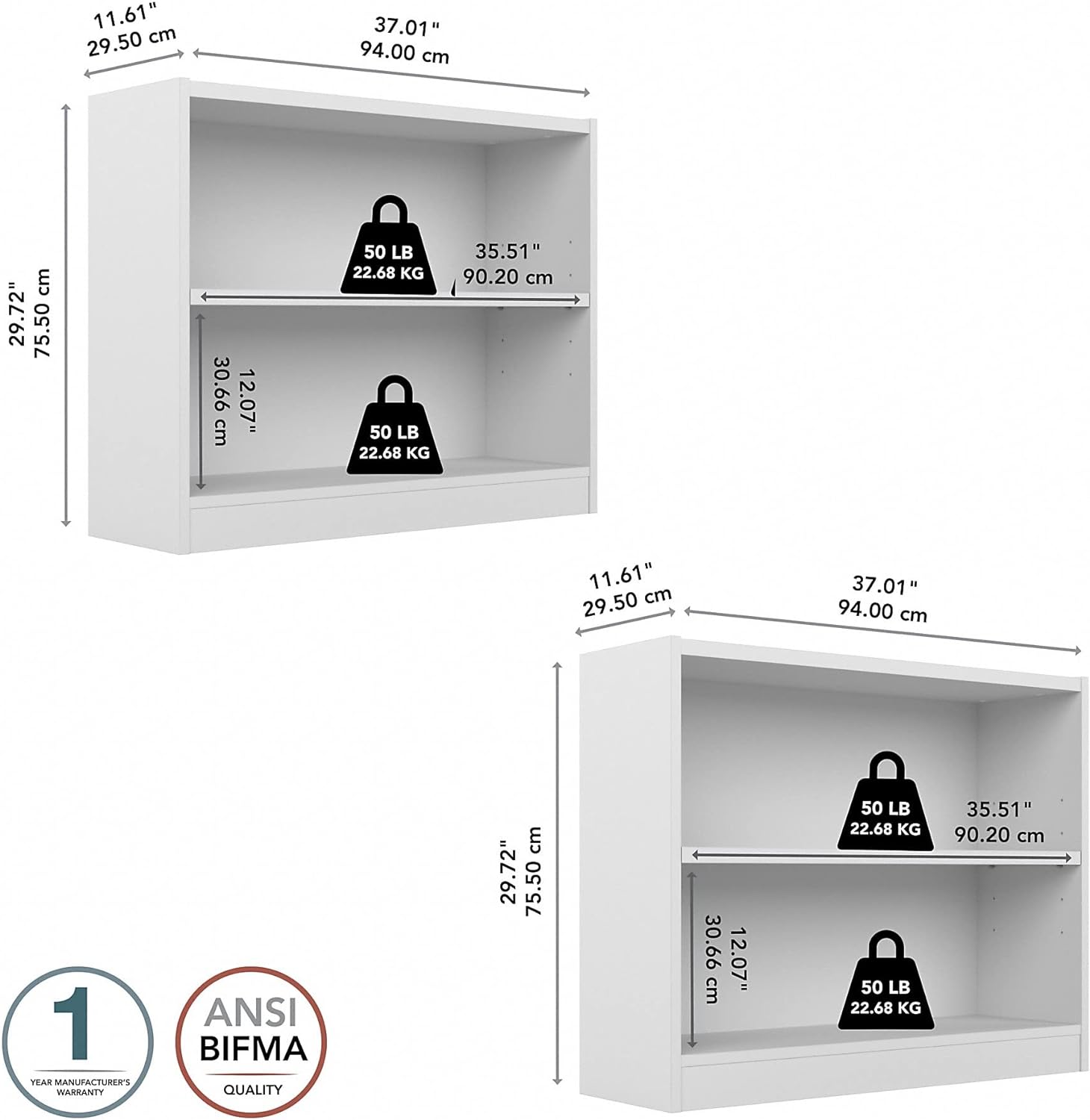 Bush Furniture Universal 2 Shelf Bookcase Set of 2 in Pure White