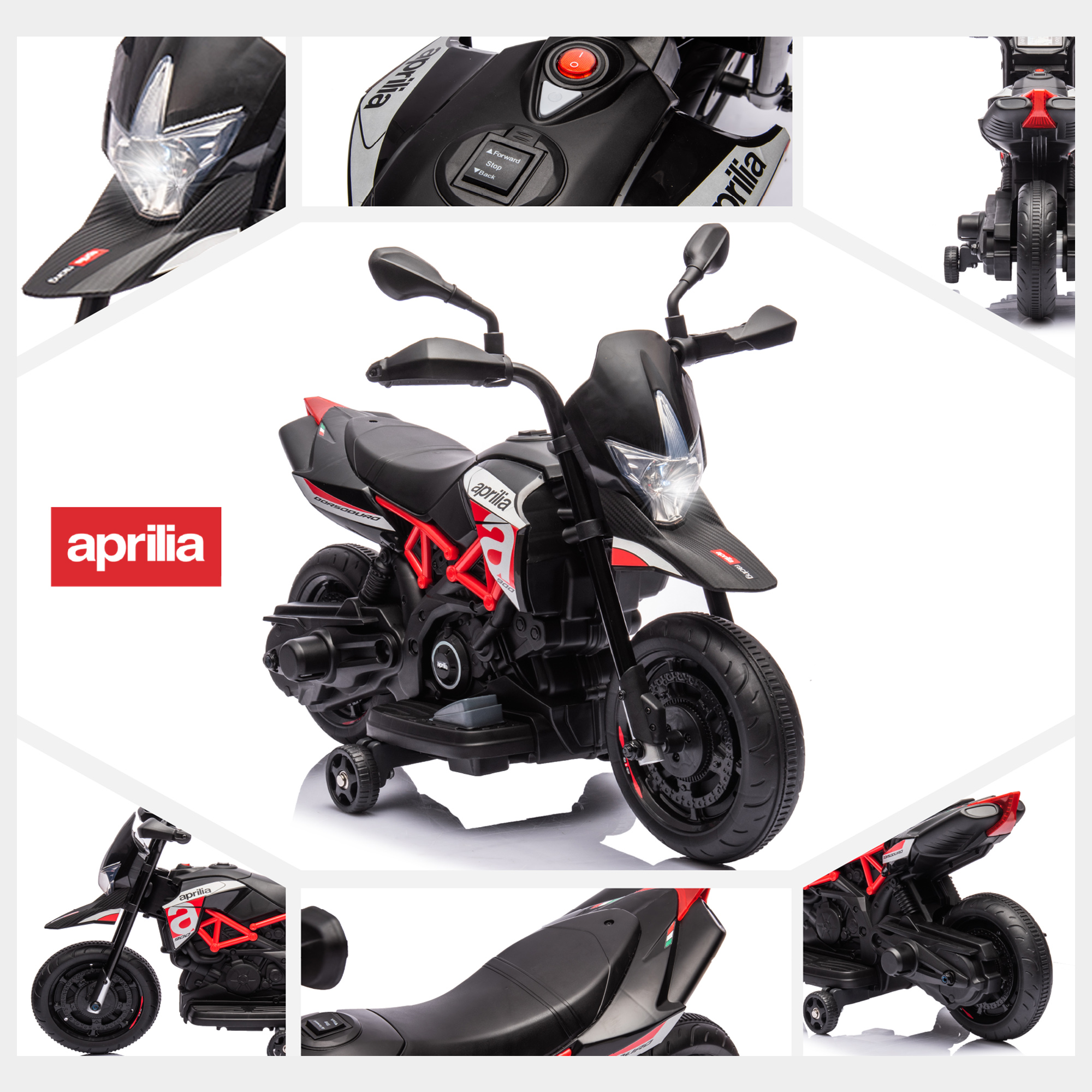 Red, Licensed Aprilia Electric Motorcycle, 6V Kids Motorcycle,  Ride On Toy w/Training Wheels, LED Lights, Sounds & Music, Battery Powered Dirt Bike for Boys & Girls