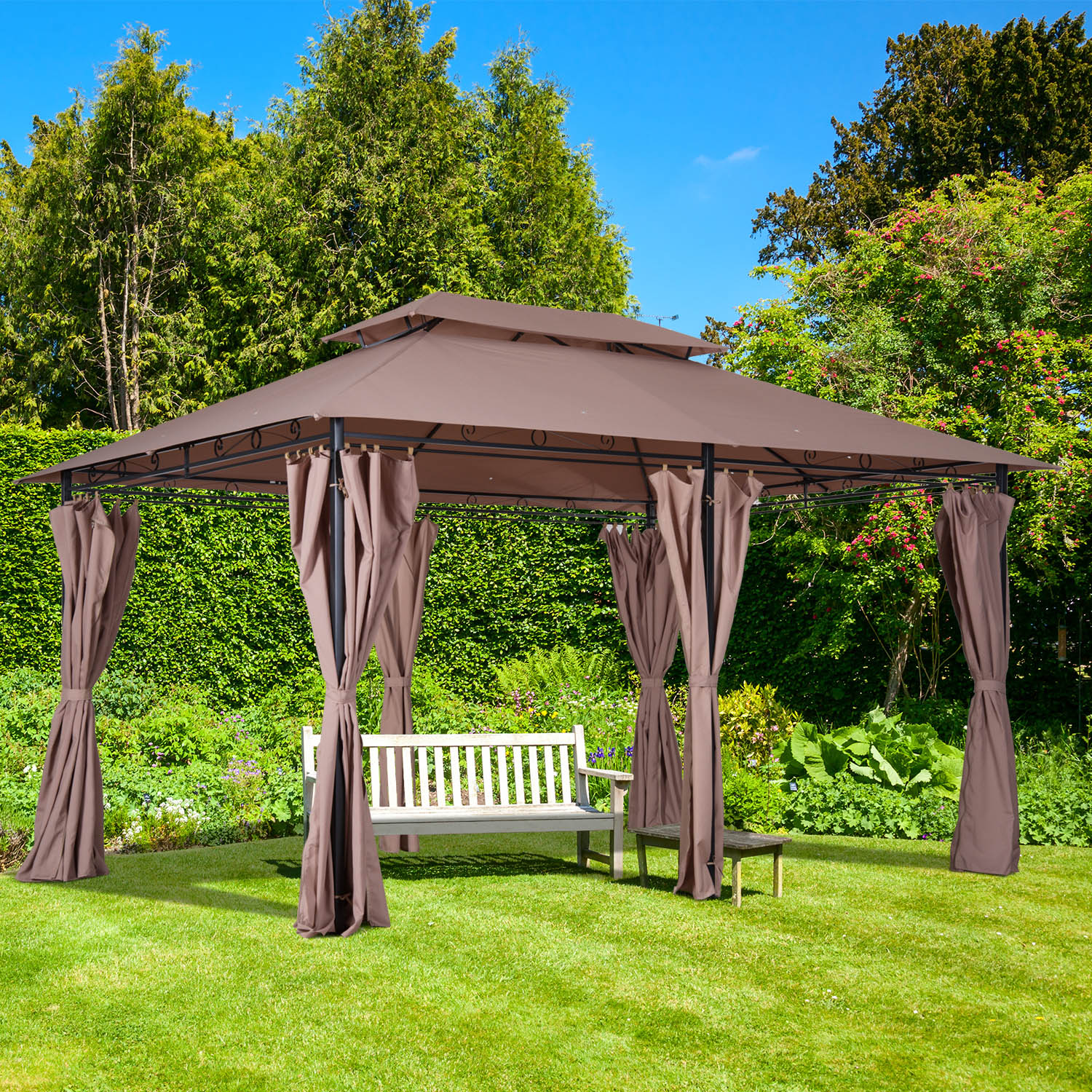 Outsunny 10' x 13' Patio Gazebo, Outdoor Gazebo Canopy Shelter with Curtains, Vented Roof, Steel Frame for Garden, Lawn, Backyard and Deck, Khaki