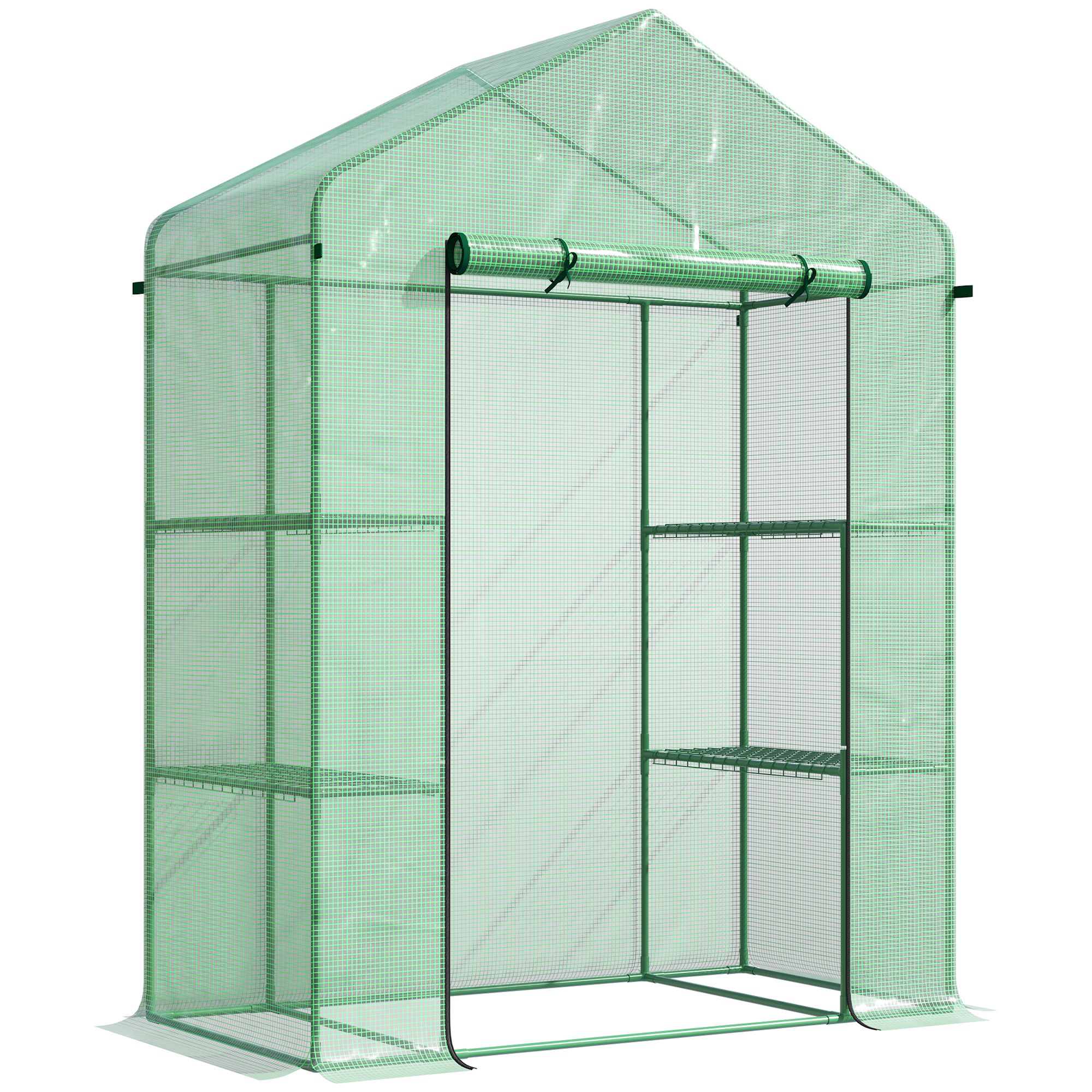 Outsunny 5' x 2.5' x 6.5' Mini Walk-in Greenhouse Kit, Portable Green House with 3 Tier Shleves, Roll-Up Door, and Weatherized PE Cover for Backyard Garden, Green