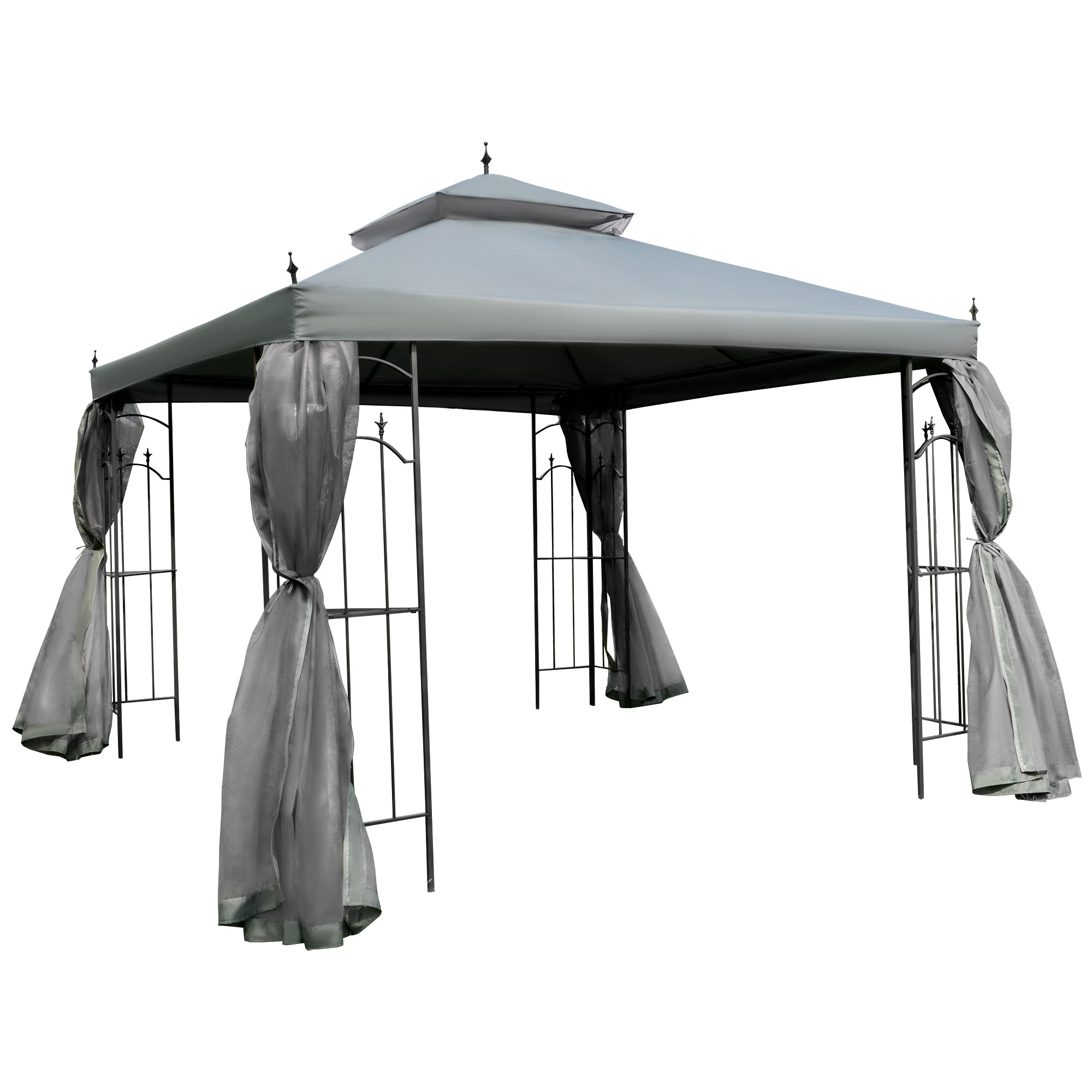 Outsunny 10' x 10' Patio Gazebo with Corner Frame Shelves, Double Roof Outdoor Gazebo Canopy Shelter with Netting, for Patio, Wedding, Catering & Events, Gray