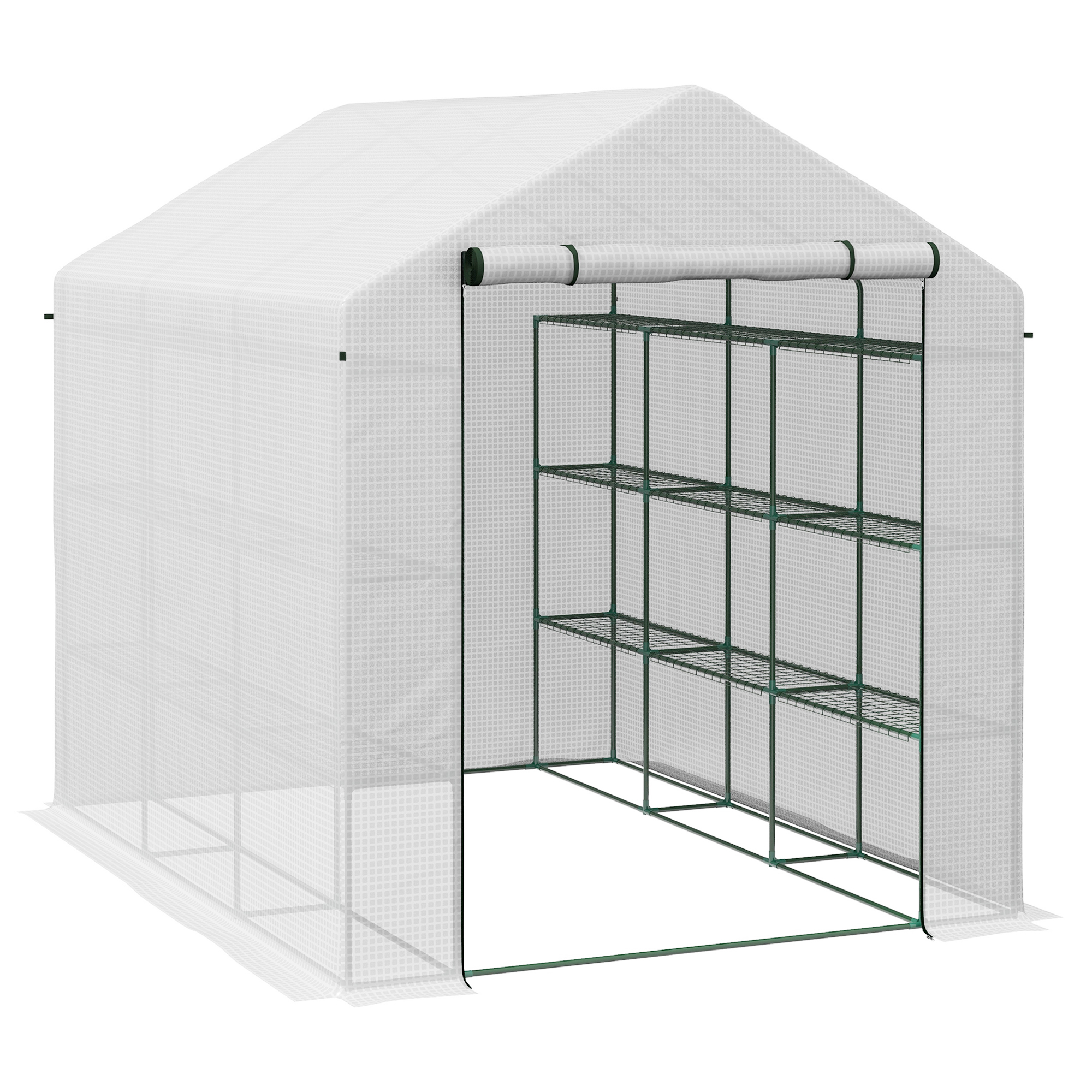 Outsunny Walk-in Greenhouse for Outdoors with Roll-up Zipper Door, 18 Shelves, PE Cover, Small and Portable Green House, Heavy Duty Humidity Seal, 95.25" x 70.75" x 82.75", White