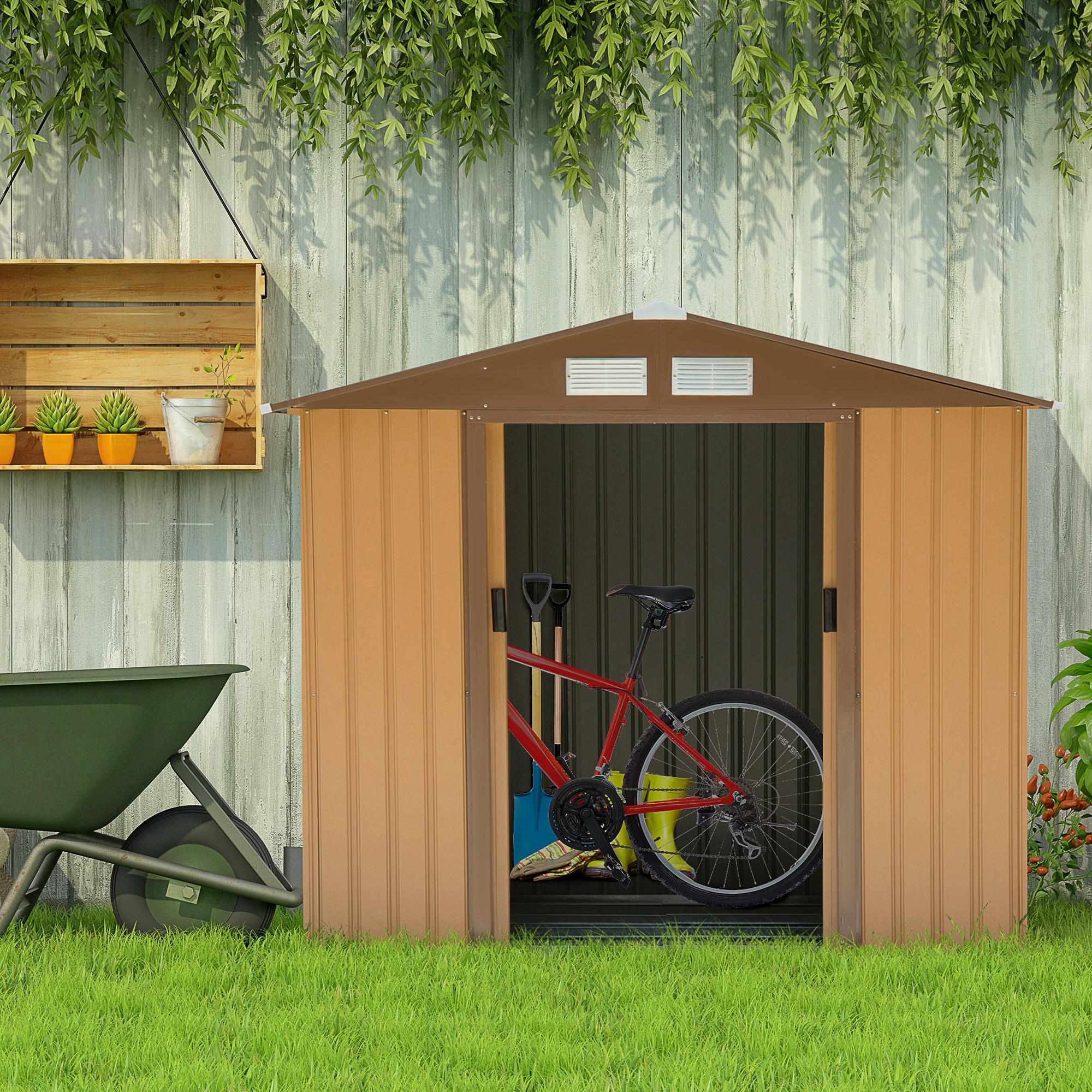 Outsunny 7' x 4' Outdoor Storage Shed, Garden Tool House with Foundation, 4 Vents and 2 Easy Sliding Doors for Backyard, Patio, Garage, Lawn, Yellow