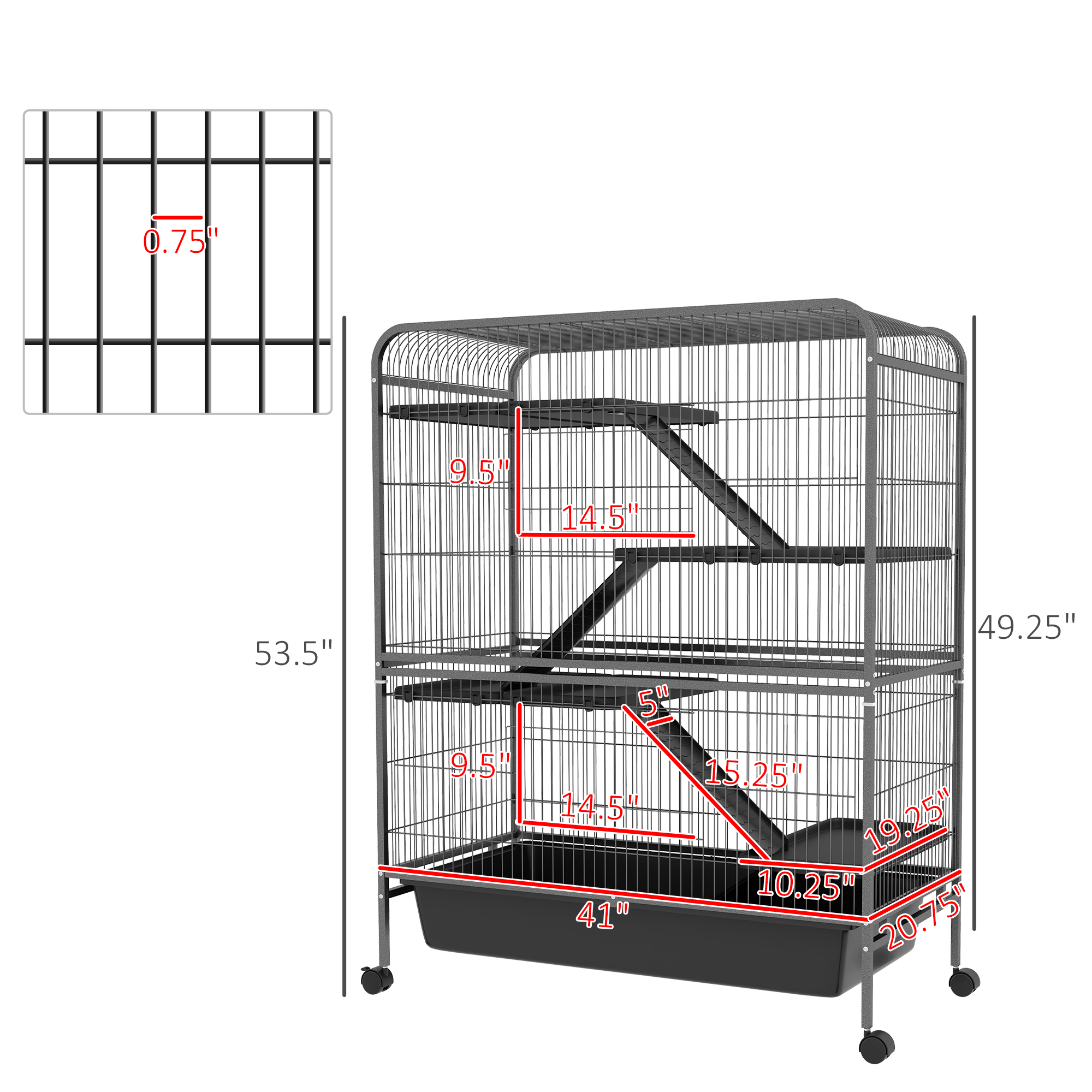 PawHut 53.5" Small Animal Cage, 5-Level Metal Ferret or Bunny Cage with Wheels, Chinchilla Cage with Removable Tray, 2 Front Doors, Ramps, Gray