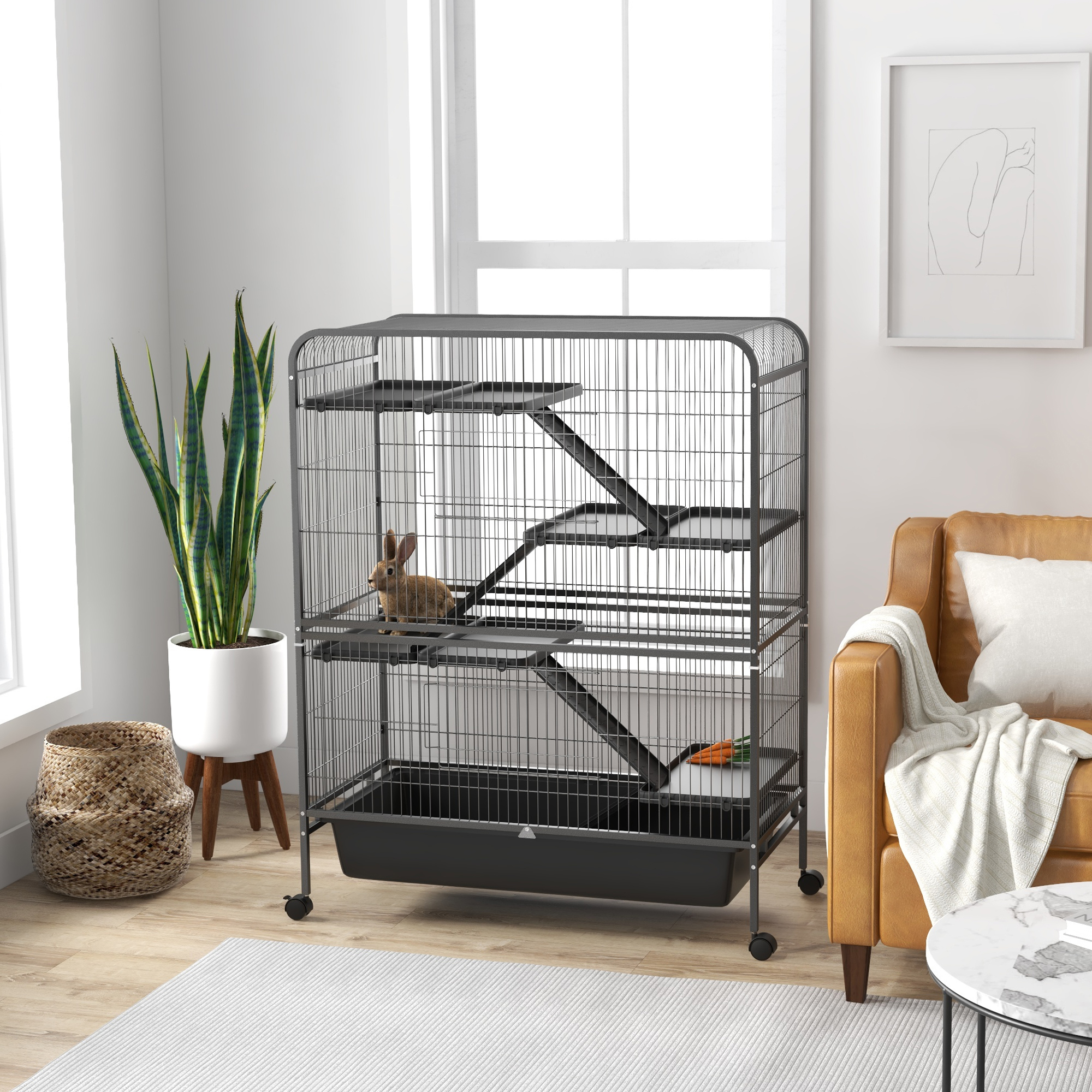 PawHut 53.5" Small Animal Cage, 5-Level Metal Ferret or Bunny Cage with Wheels, Chinchilla Cage with Removable Tray, 2 Front Doors, Ramps, Gray