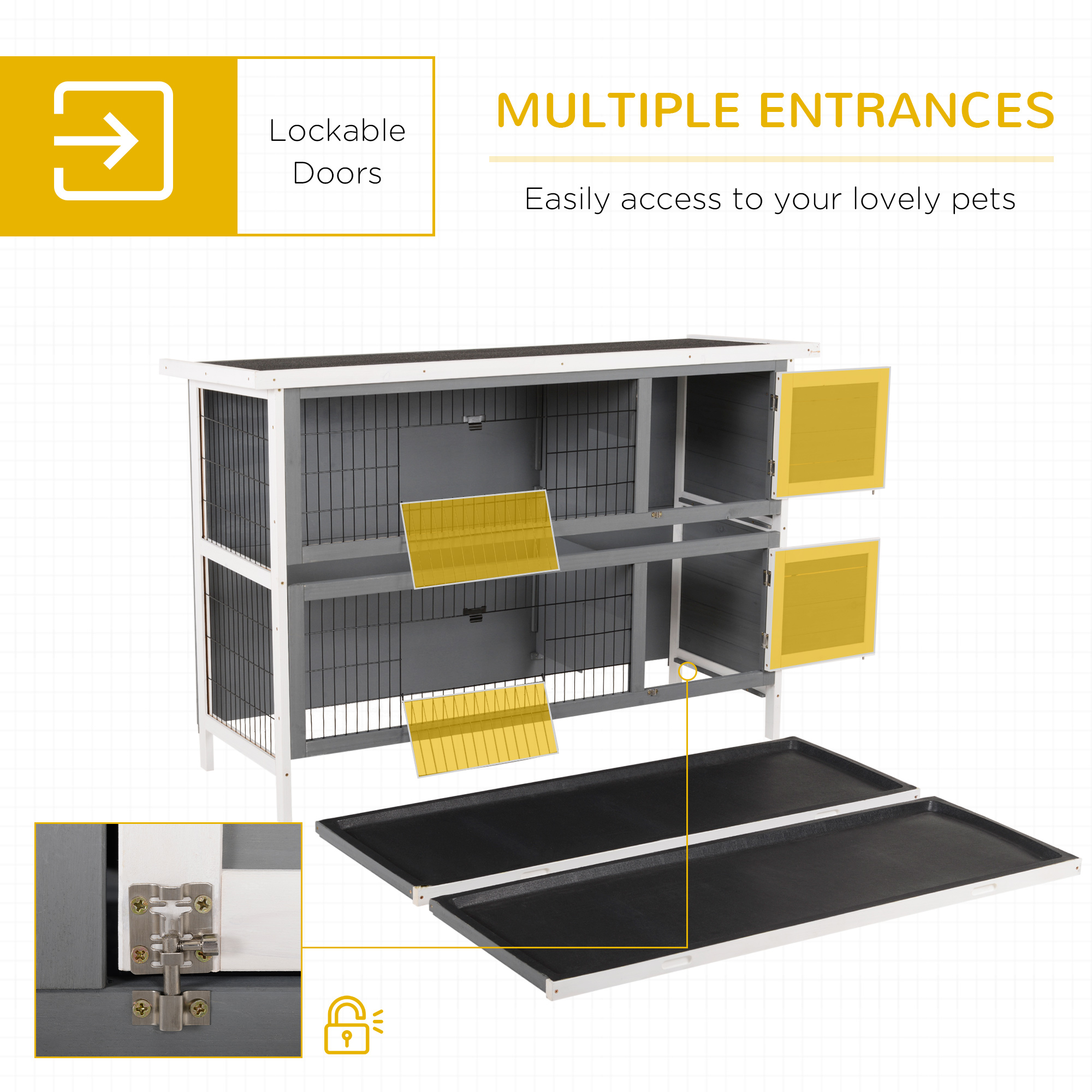 PawHut 54" 2-Story Large Rabbit Hutch Bunny Cage Wooden Pet House Small Animal Habitat with Lockable Doors, No Leak Tray and waterproof Roof for Outdoor/Indoor Dark Grey