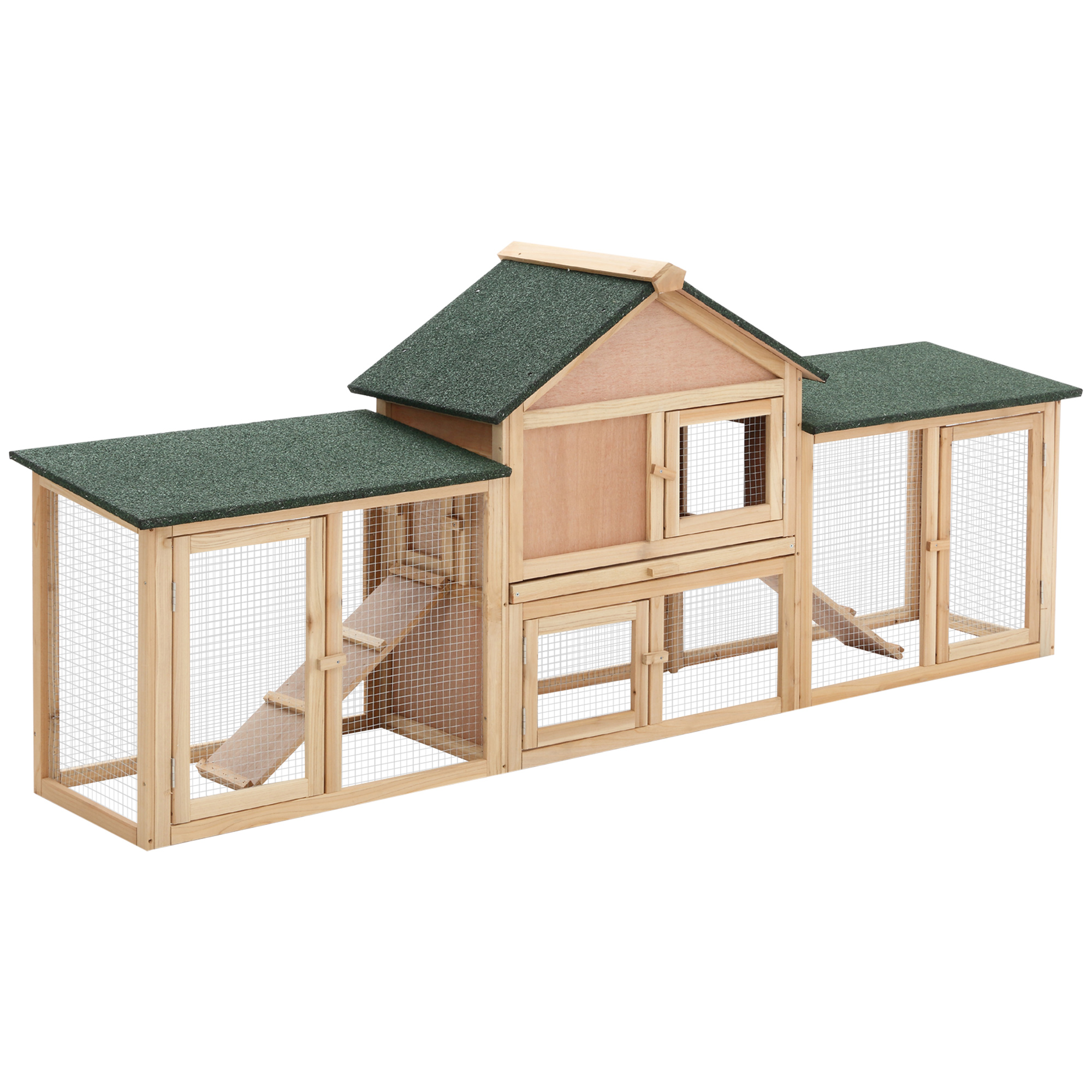 PawHut 83"L Outdoor Rabbit Hutch, Guinea Pig Cage Indoor Outdoor Wooden Bunny Hutch with Double Runs, Weatherproof Roof, Removable Tray, Ramps, Natural