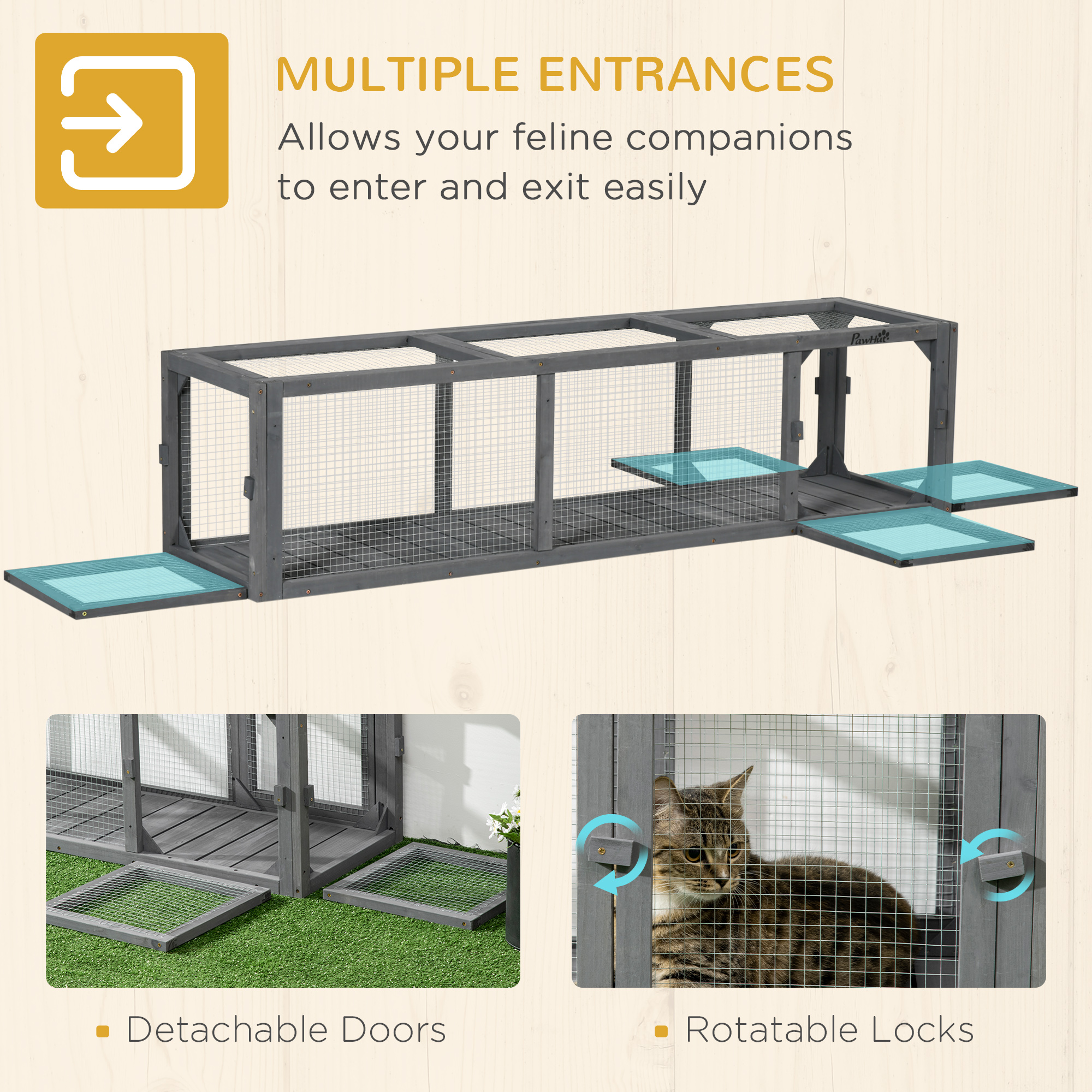 PawHut Outdoor Cat Tunnel with Extendable Design, 59" L Wooden Cat Run with Weather Protection, Connecting Inside and Outside, for Deck Patios, Balconies, Gray