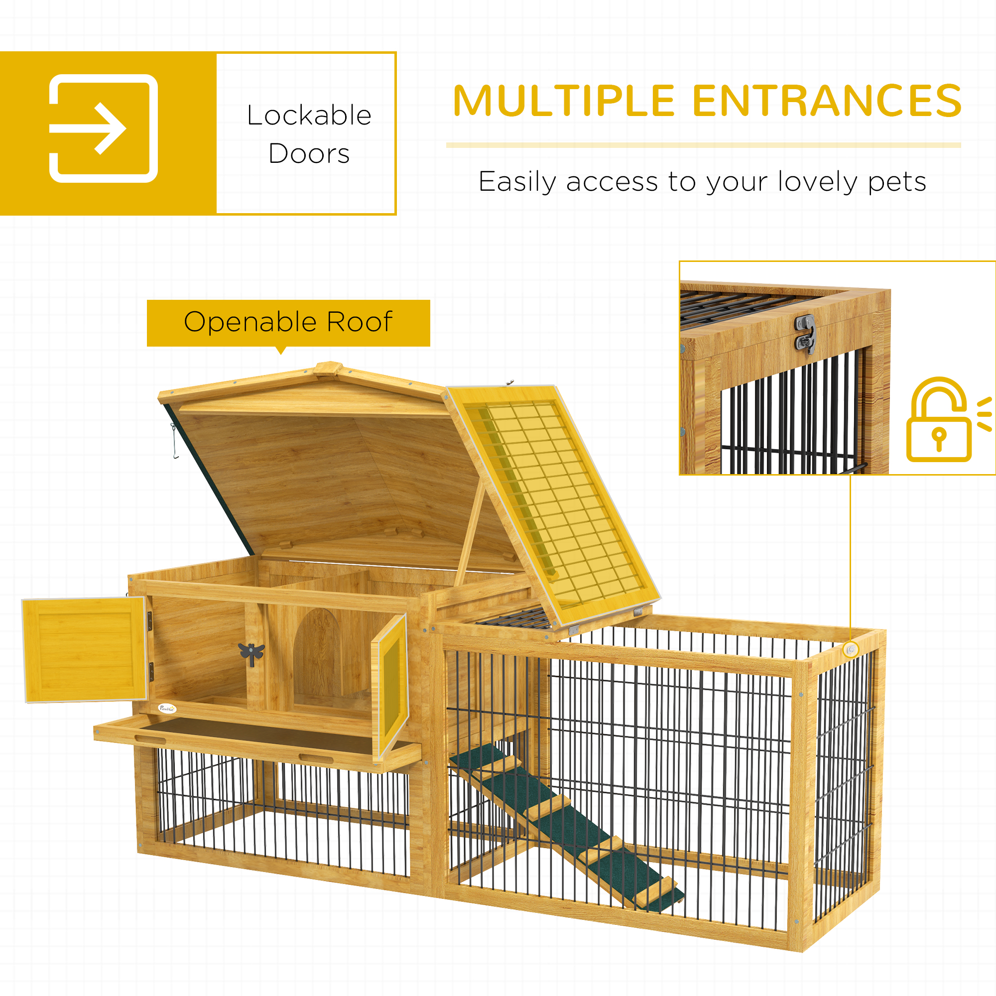 PawHut 2 Levels Outdoor Rabbit Hutch with Openable Top, 59" Wooden Large Rabbit Cage with Run Weatherproof Roof, Removable Tray, Ramp, Yellow