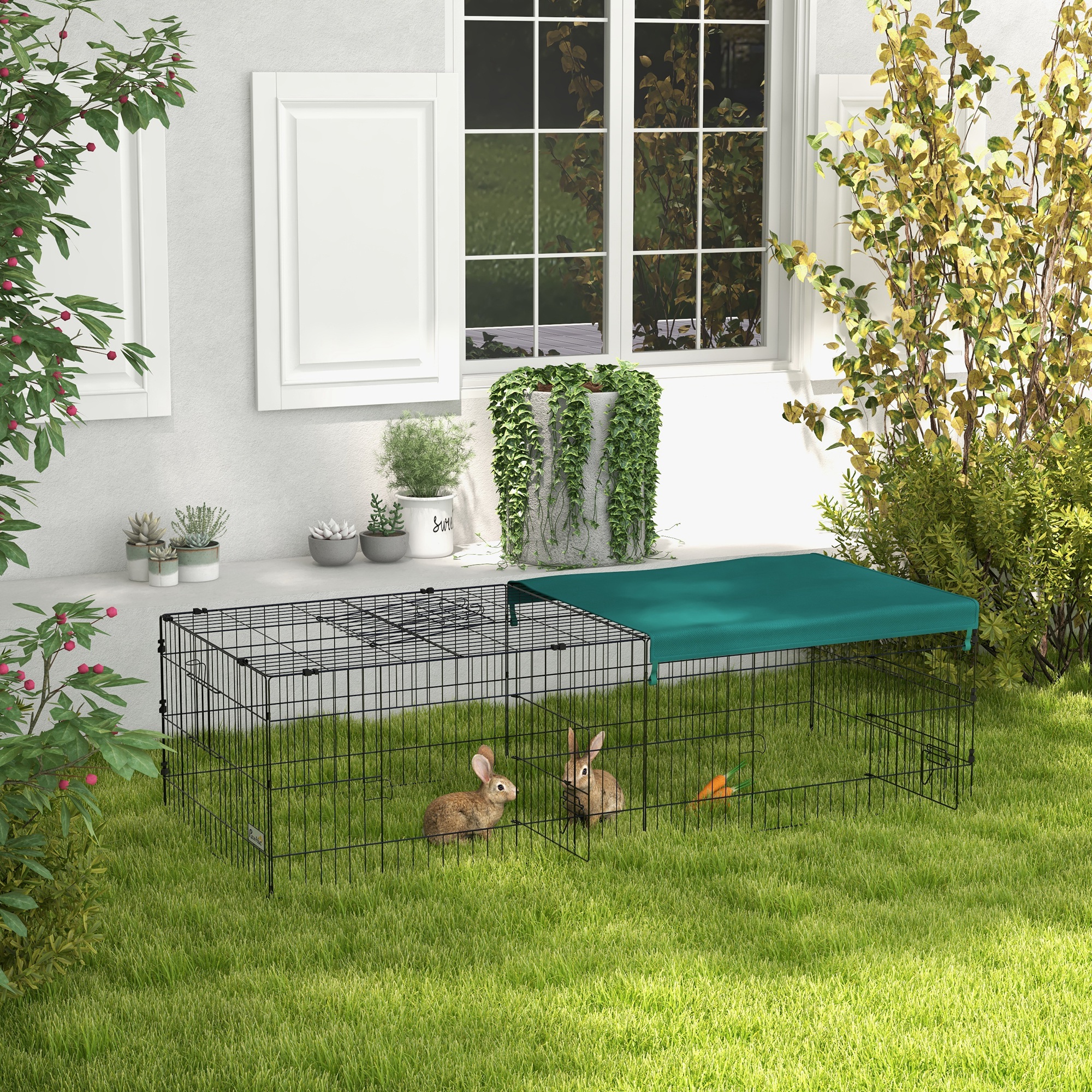 PawHut 73" Small Animal Playpen, Pet Playpen Yard Fence for Rabbits, Chicken, Chinchillas with Roof for Indoor & Outdoor, Green